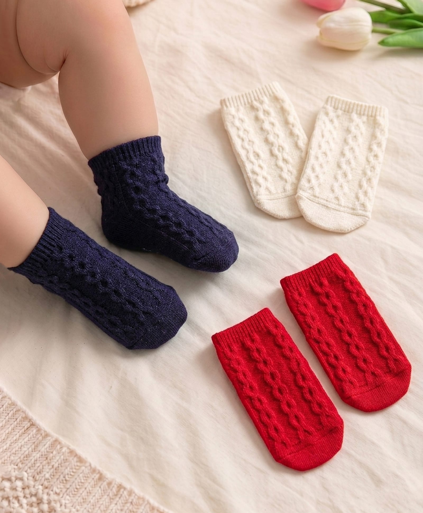 Cute Walk by Babyhug Anti-Bacterial Ankle Length Solid Color Socks Pack of 3 - Navy Red &  White-image-34