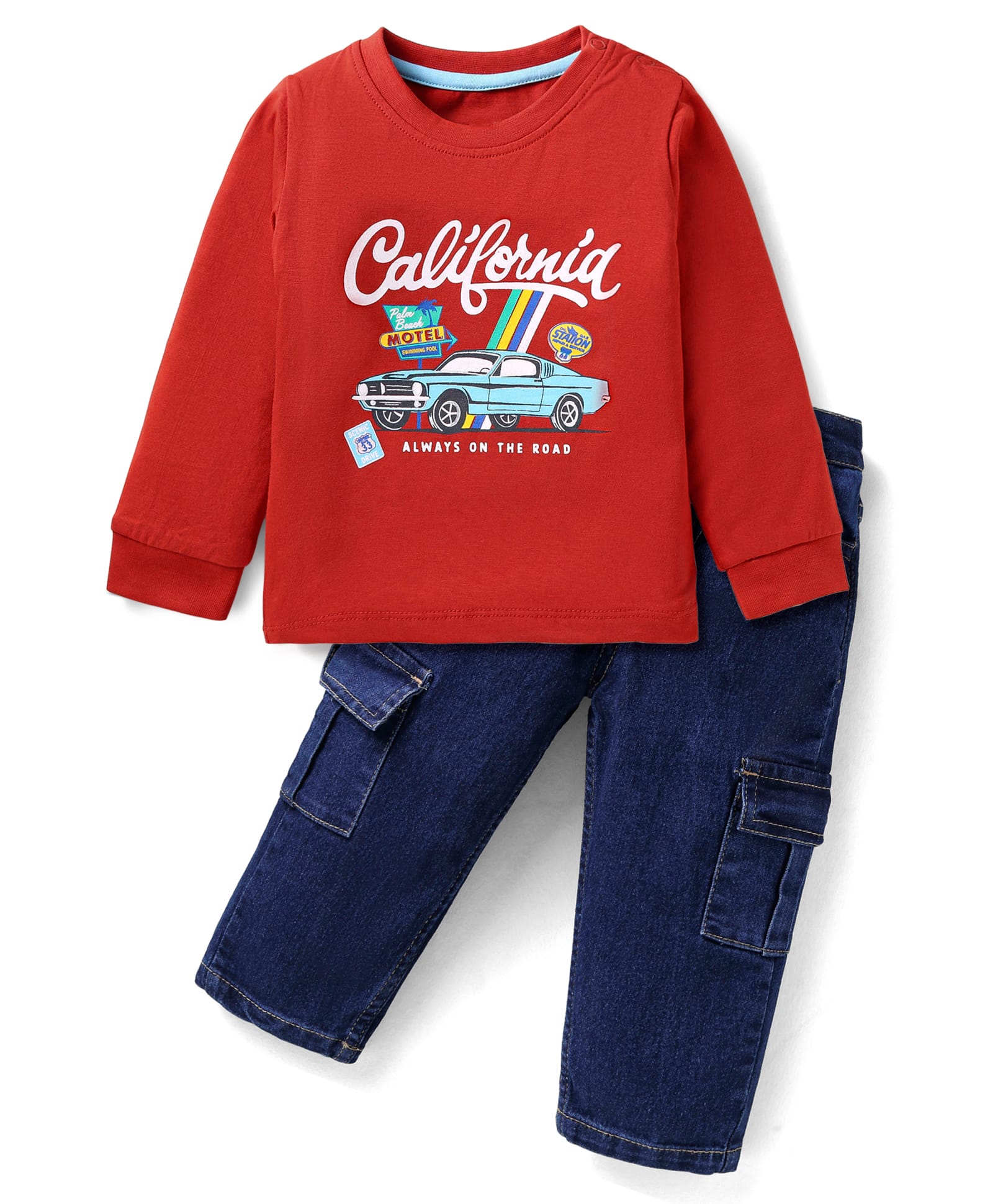 Babyhug Terry Knit Full Sleeves Car Printed T-Shirt & Solid Denim Jeans Set - Red & Blue-picture-15