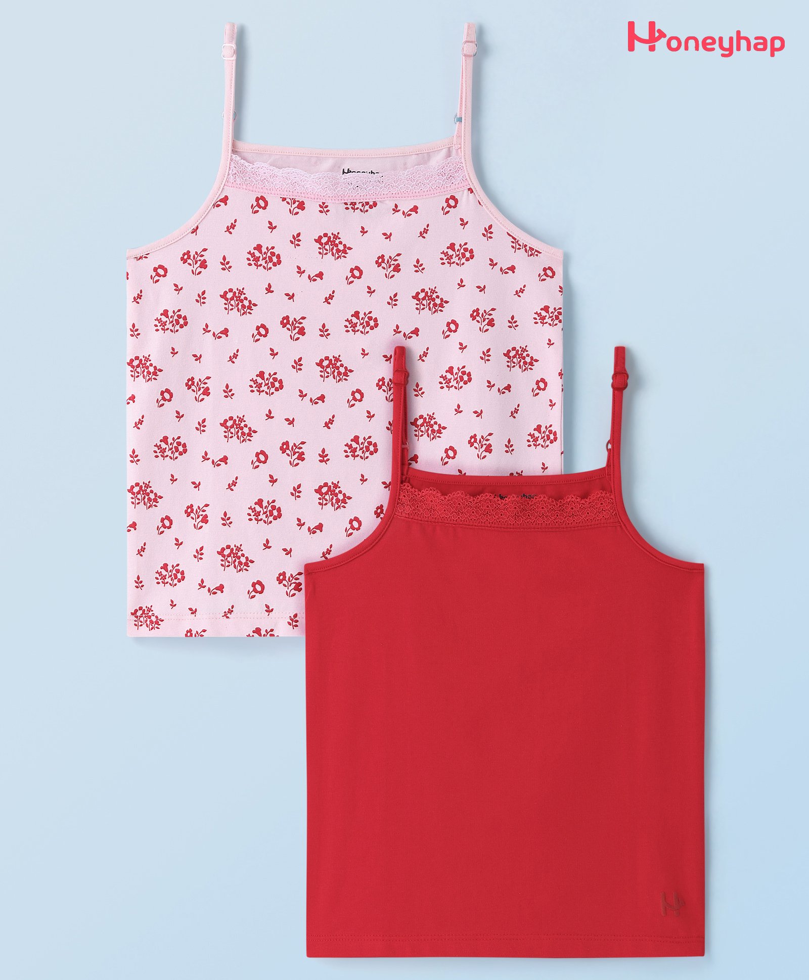 Honeyhap Premium Cotton Elastane Knit Bio Finish Singlet Sleeves Slips with Floral Print Pack of 2 - Barley Pink & High Risk Red-picture-27