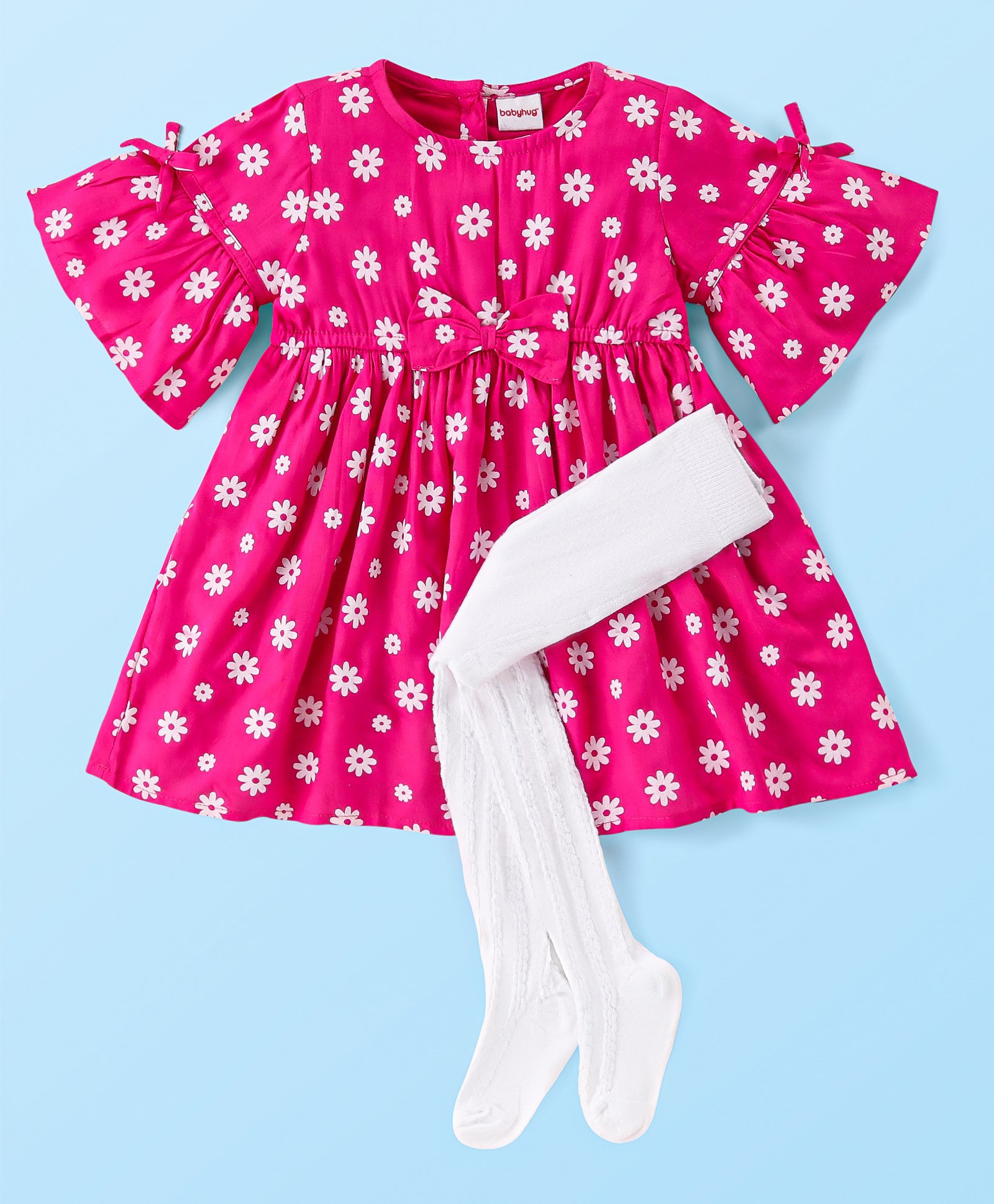Babyhug Viscose Woven Half Sleeves Frock with Legging Floral Print & Bow Applique - Dark Pink-picture-24