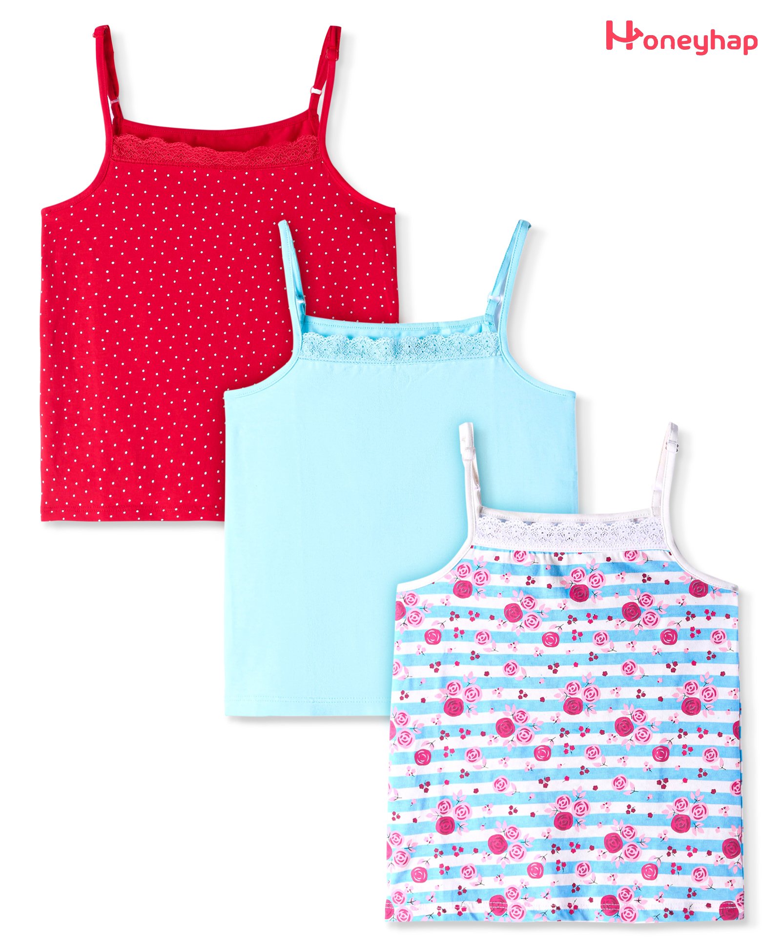 Honeyhap Premium Cotton Elastane Single Jersey Knit Bio Finish Singlet Sleeves Slips with Solid Colour & Polka Dots Print Pack of 3 - Blue Elixir High Risk Red & Bright White-image-49