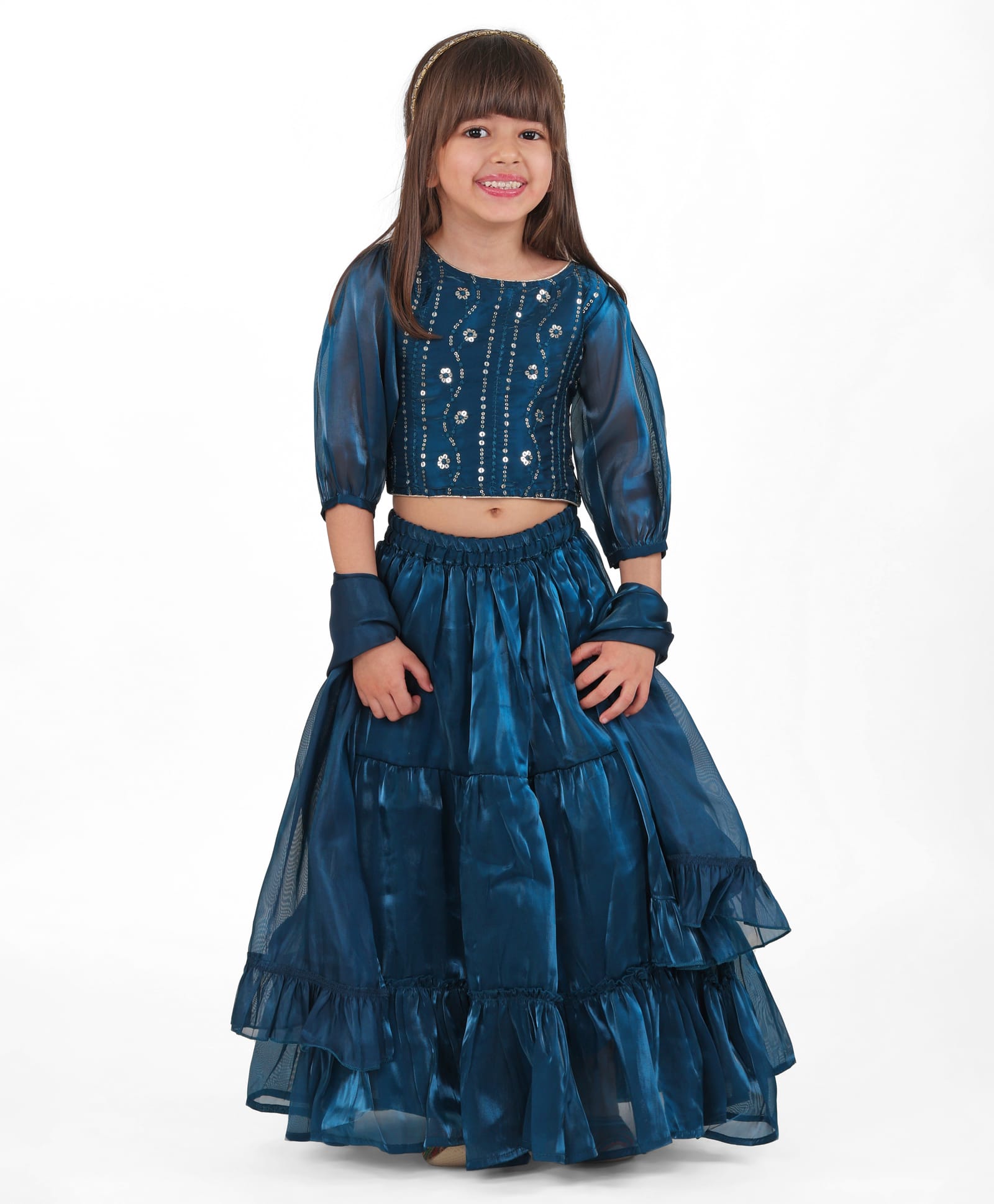 Babyhug Woven Three Fourth Sleeves Sequined Floral Embroidered Choli Lehenga Set with Dupatta - Teal Blue-image-13