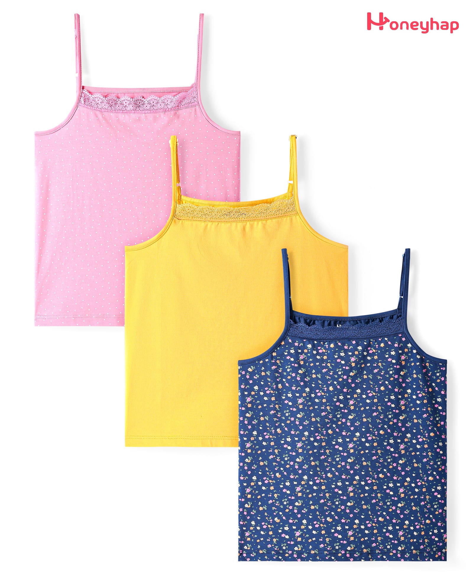 Honeyhap Premium Knit Sleeveless Floral & Polka Dot Printed Slips Pack of 3 - Navy Peony Lavender & Popcorn-image-0