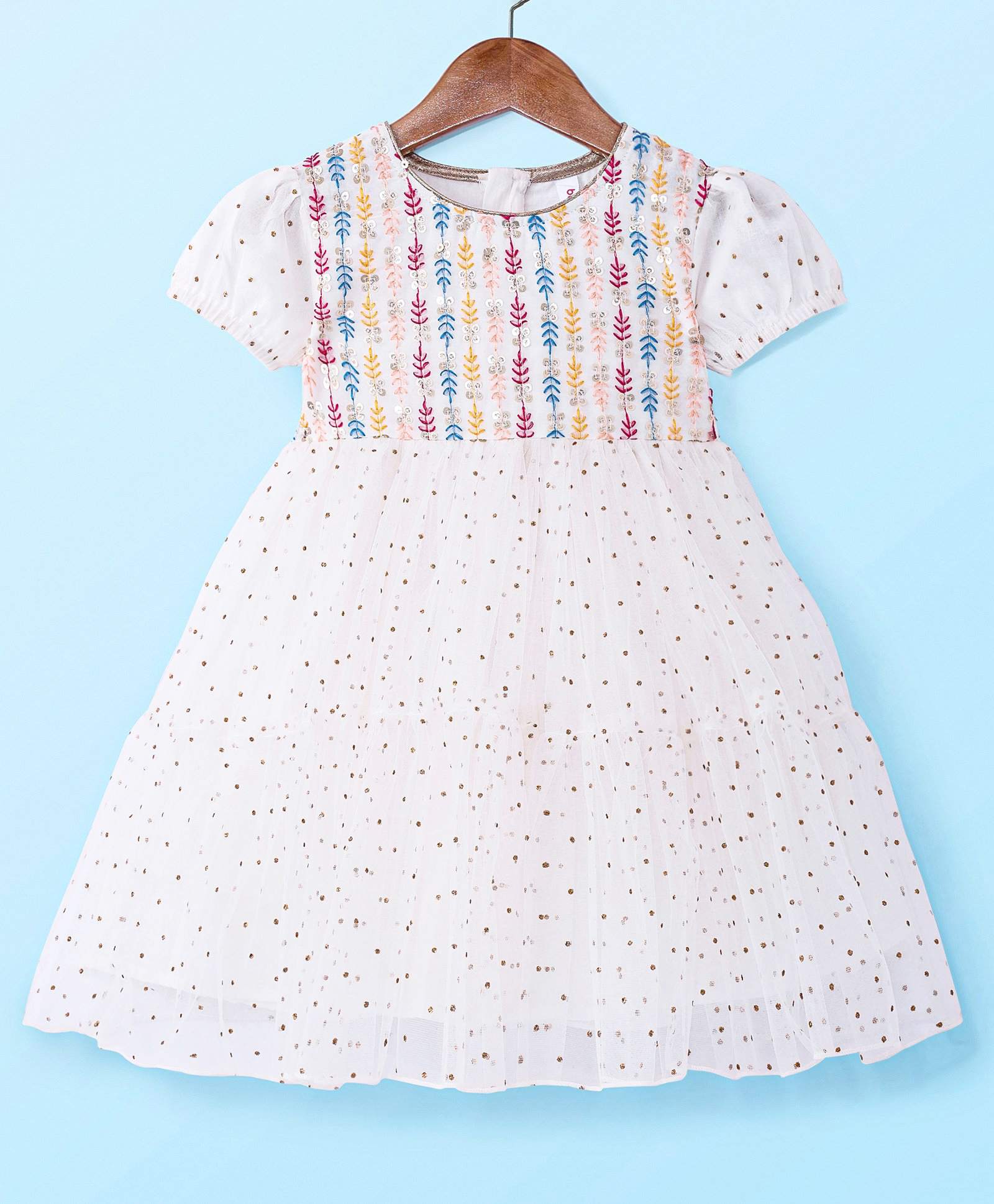 Babyhug Woven Short Sleeves Net Sequin Embroidered Ethnic Dress - White-image-11