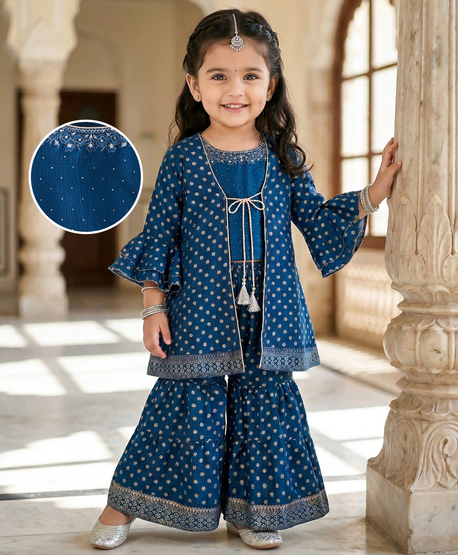 Babyhug Woven Top & Palazzo Set with Bell Sleeves Jacket Floral Foil Print & Embroidery - Teal Blue-picture-34
