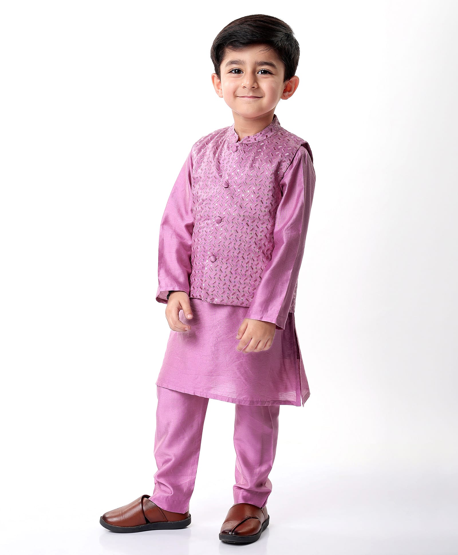 Babyhug Woven Full Sleeves Solid Kurta Pyjama Set With Sequins Embroidered Jacket - Mauve-picture-29