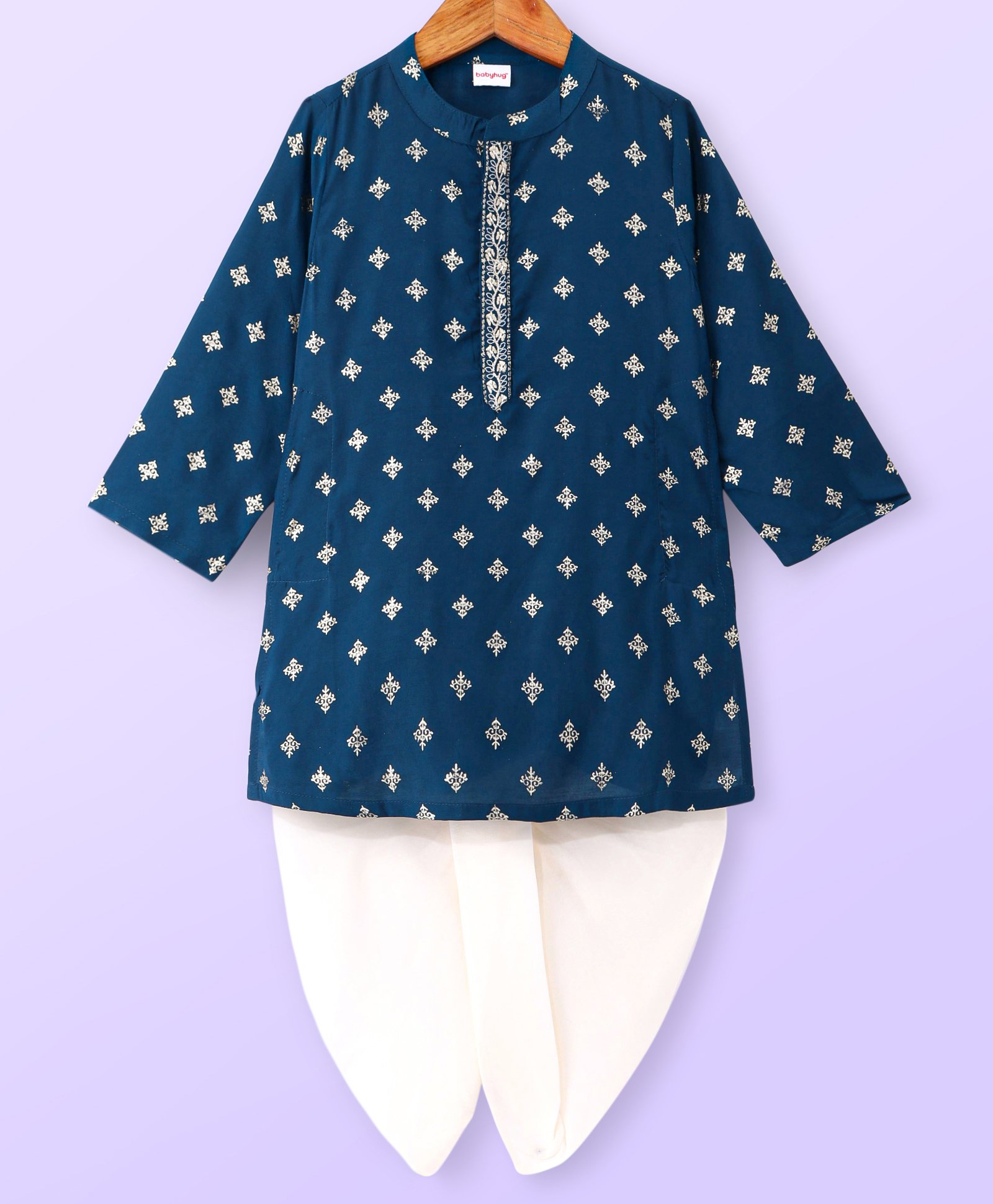 Babyhug Woven Full Sleeves Mandarin Collar Foil Printed Kurta Dhoti Set - Navy Blue-image-44