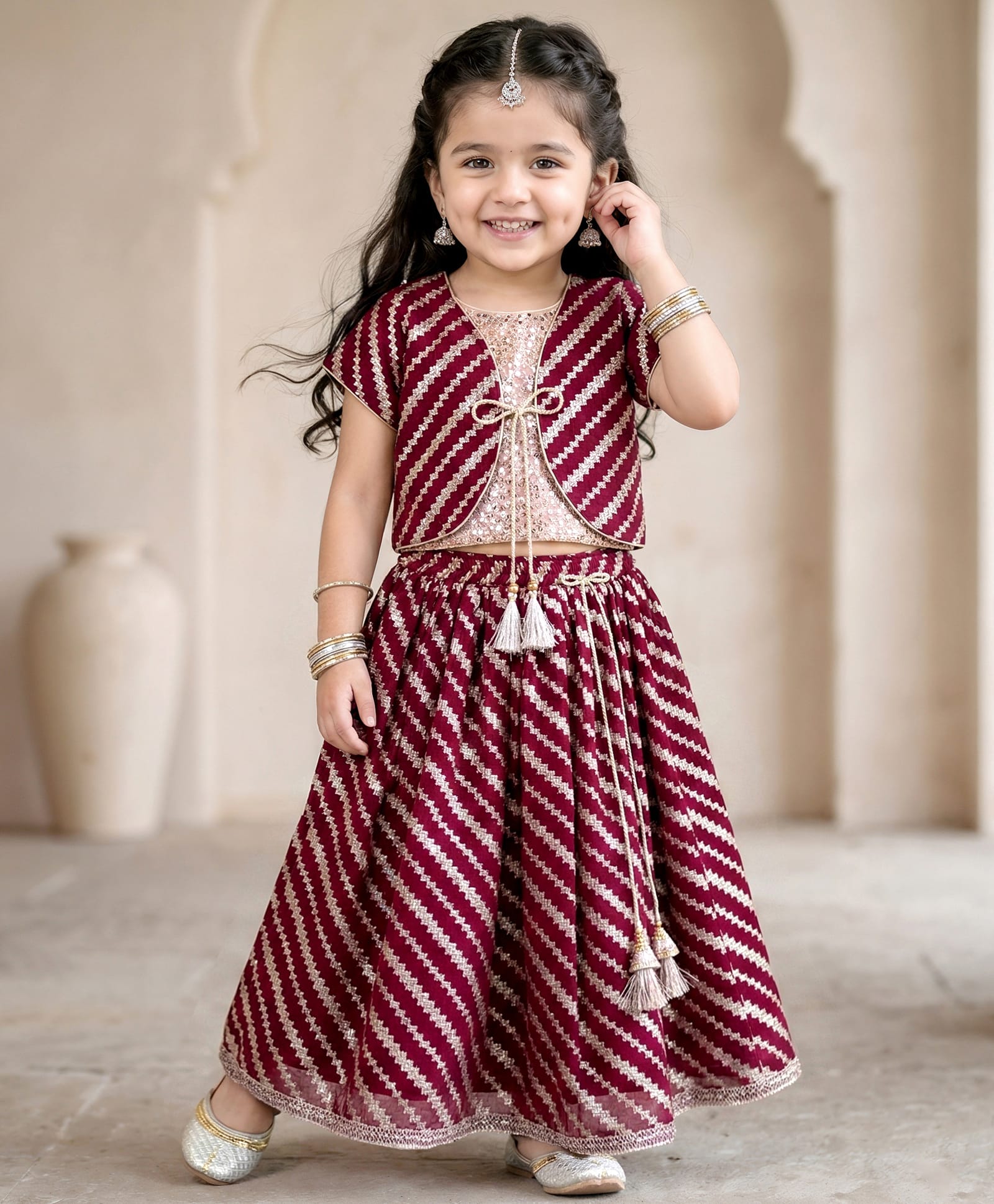 Babyhug Woven Short Sleeves Choli Lehenga & Jacket Set With Foil Print & Sequin Embroidery - Maroon-image-15