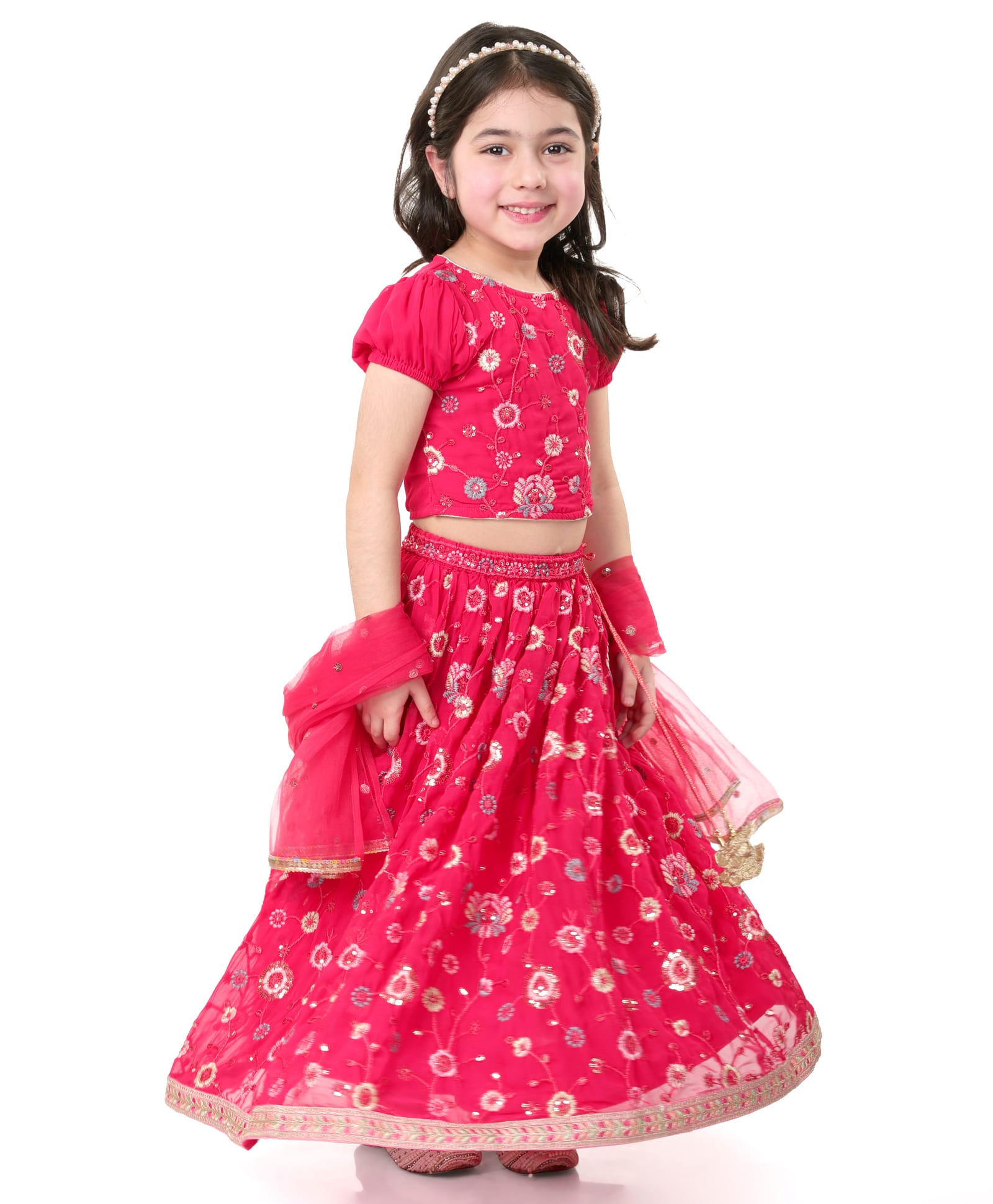 Babyhug Woven Short Sleeves Georgette Sequin Embroidered Choli Lehenga & Dupatta Set - Hot Pink-image-38