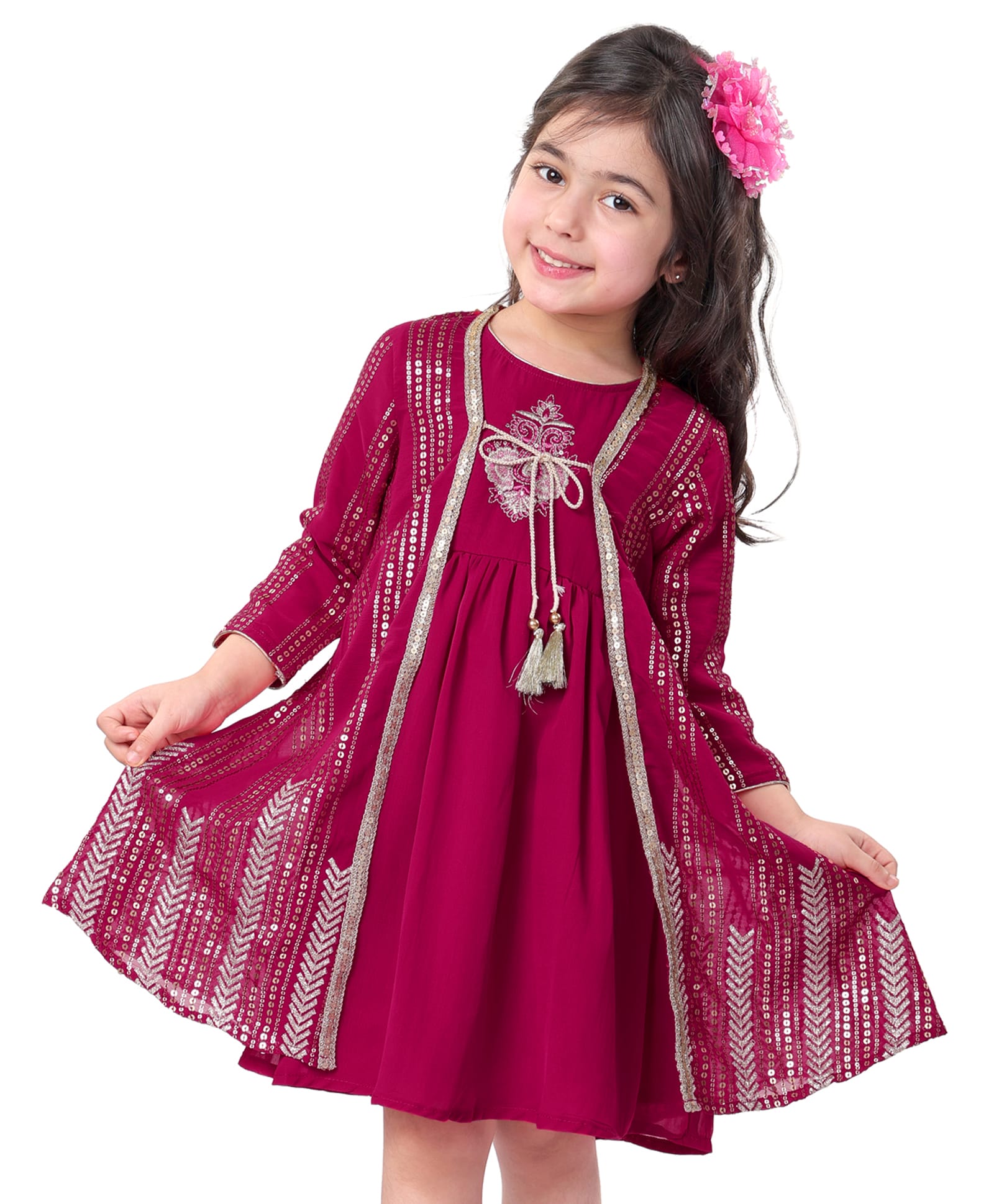 Babyhug Woven Sleeveless Ethnic Dress with Full Sleeves Embroidered & Sequined Border Jacket - Fuchsia-image-12