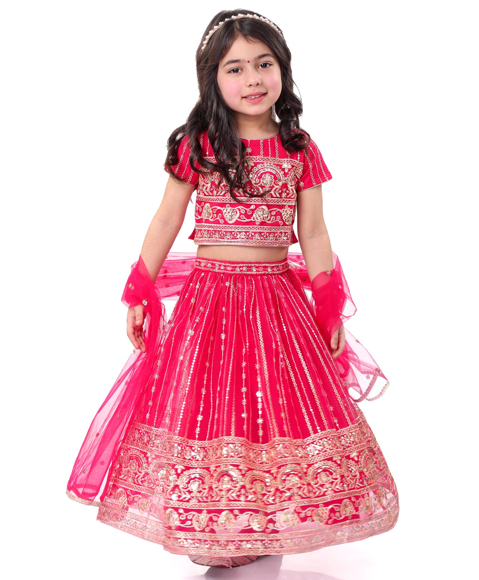 Babyhug Woven Half Sleeves Sequinned & Floral Embroidered Choli With Lehenga and Net Dupatta - Magenta-image-5