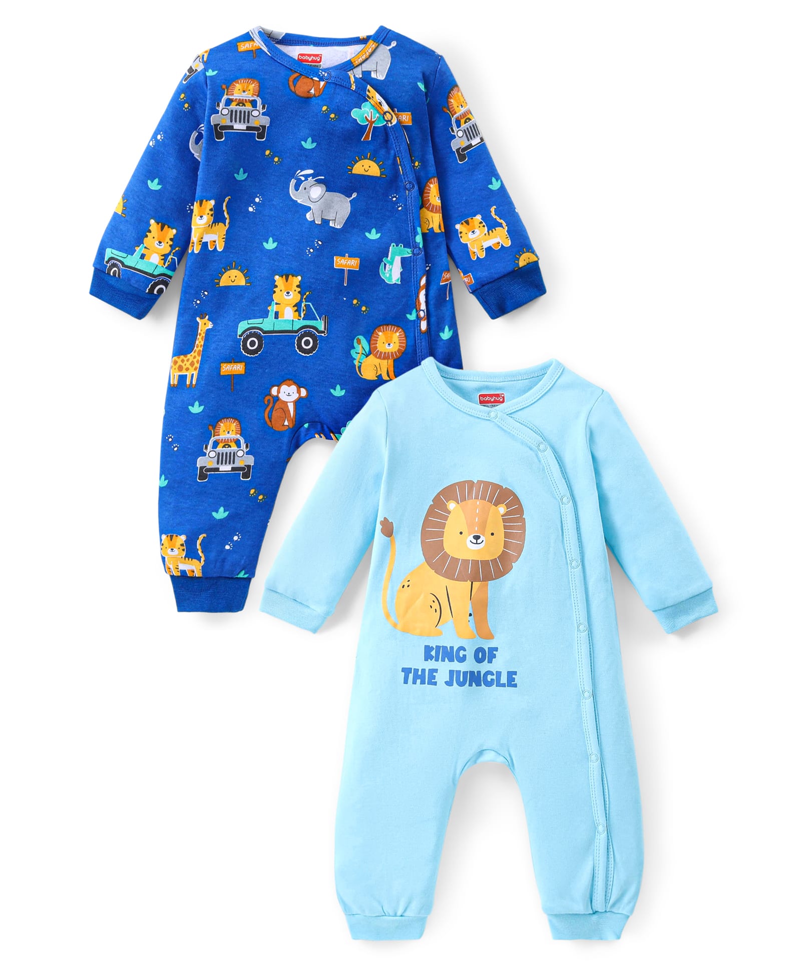 Babyhug 100% Cotton Knit Full Sleeves Front OpenRompers with Animal Print Pack of 2 - Blue & Sky-picture-17