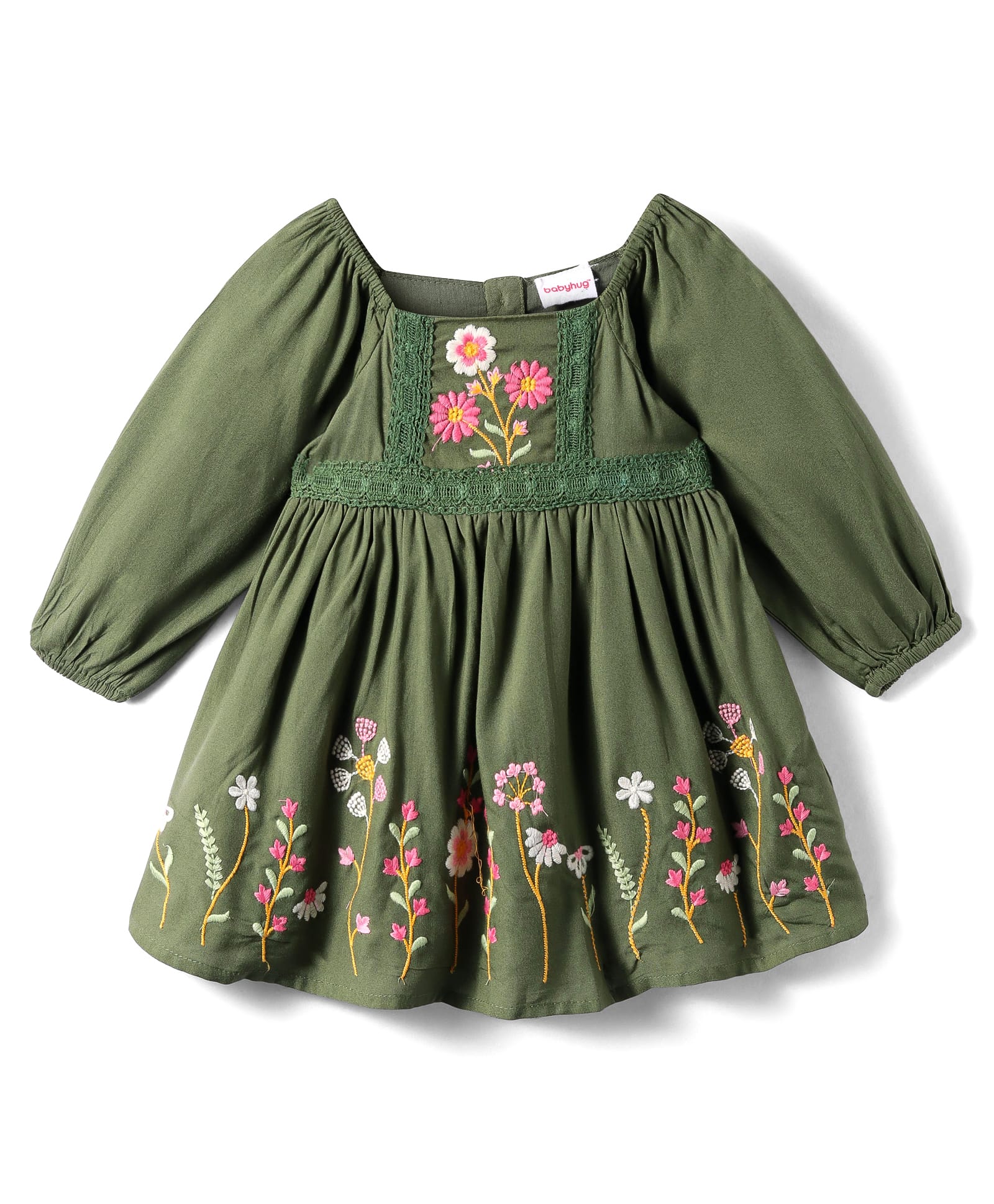 Babyhug Cotton Knit Full Peasant Sleeves Floral Printed Frock with Lace Detailing - Dark Green-image-46