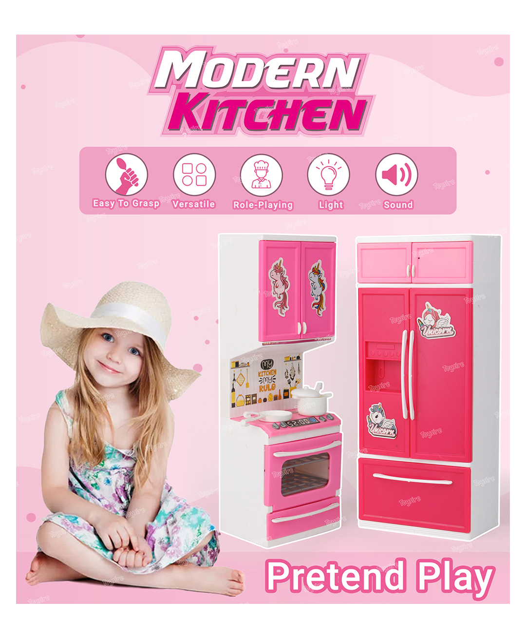 Toysire Unicorn Kitchen Set for Kids Girls Cooking Pretend Playset Birthday Gift with Openable Door & Accessories-image-3