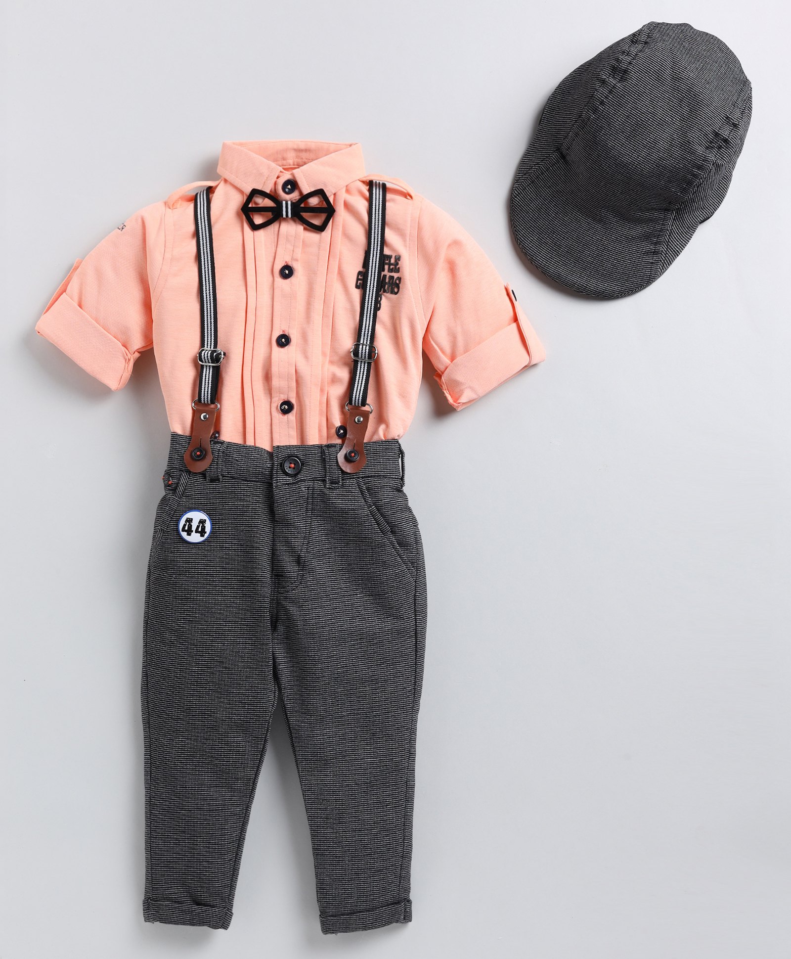 LITTLE COLLARS Cotton Blend Full Sleeves Checked   Shirt & Pant Set -  Peach-image-24