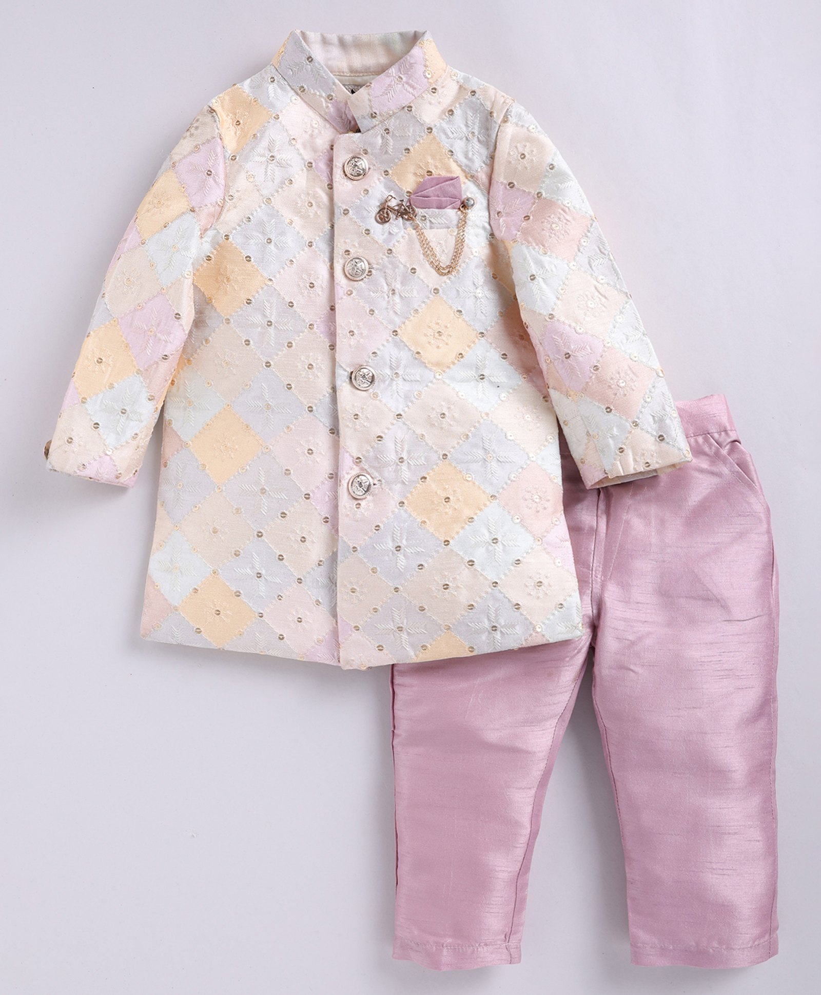 LITTLE COLLARS Full Sleeves Sequin Embellished & Abstract Embroidered Kurta With Pyjama - Lemon-picture-28
