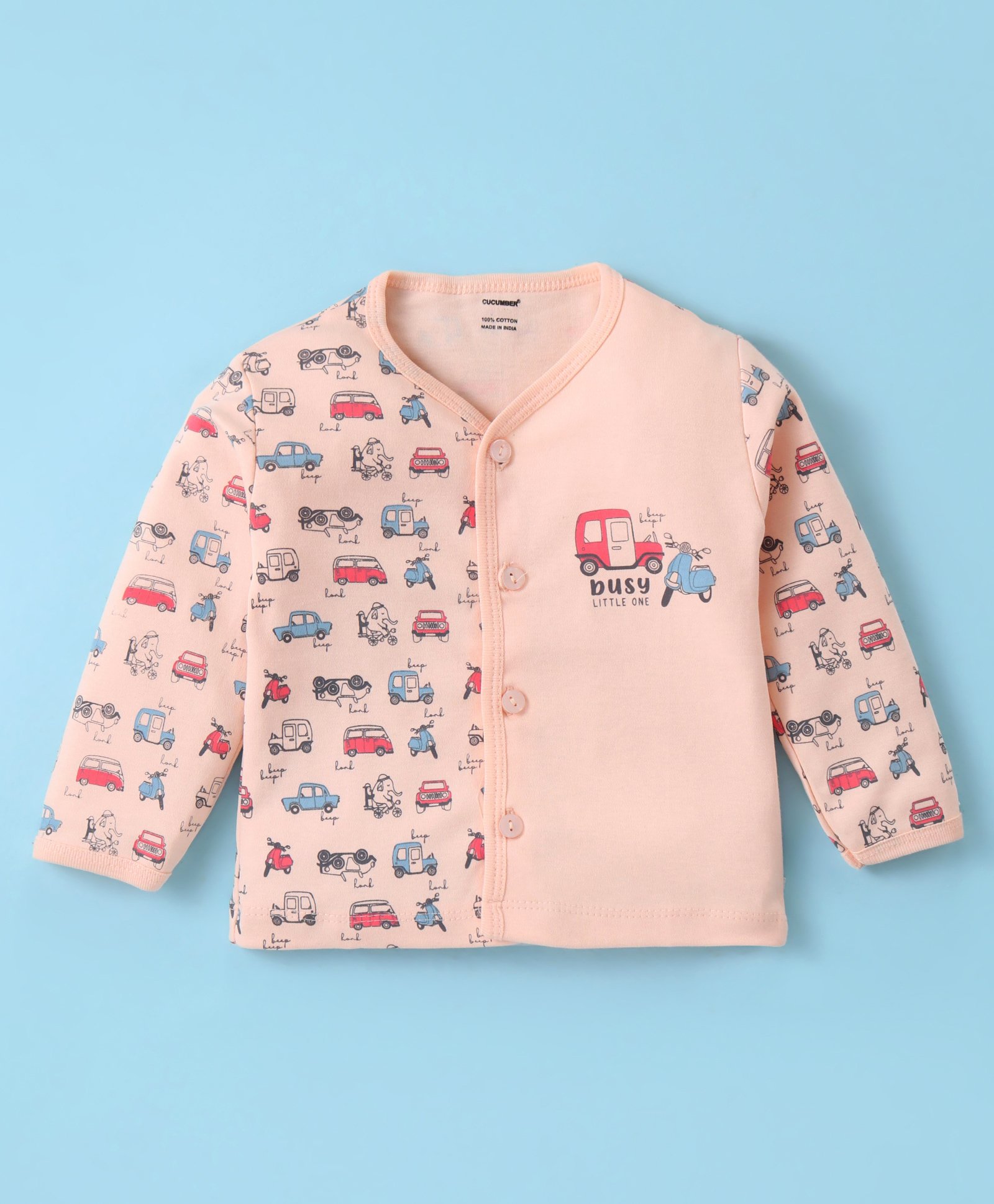 Cucumber Interlock Cotton Knit Full Sleeves Front Open Jhabla With Vehicles Print - Pink-picture-7