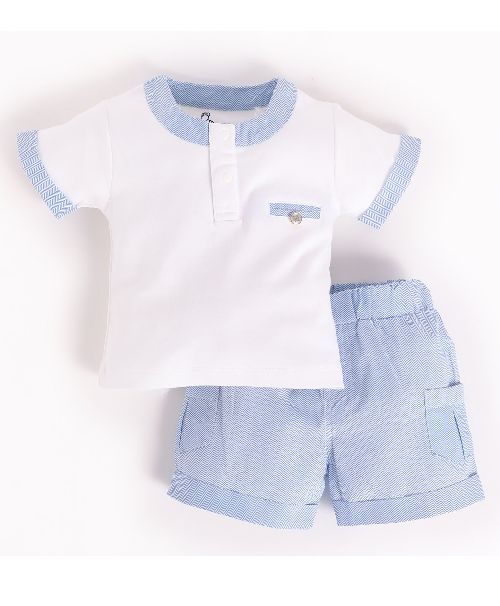 BABY GO Cotton Half Sleeves Chevron Designed Tee & Shorts Set - Sky Blue-picture-5
