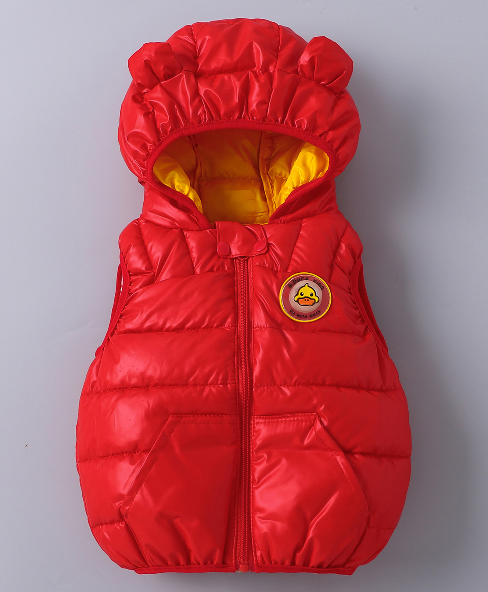 Kookie Kids Sleeveless Padded Hooded Jacket with Ears Applique & Duck Patch Detailing - Red-picture-27