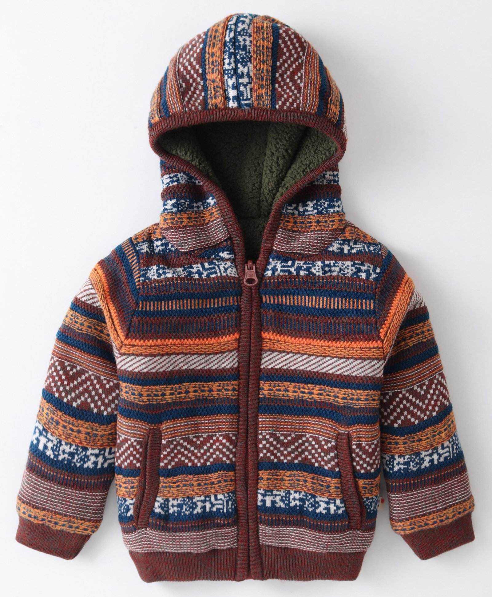 Yellow Apple Knitted Full Sleeves Hooded Sweatshirt with Aztec Design - Brown-picture-16