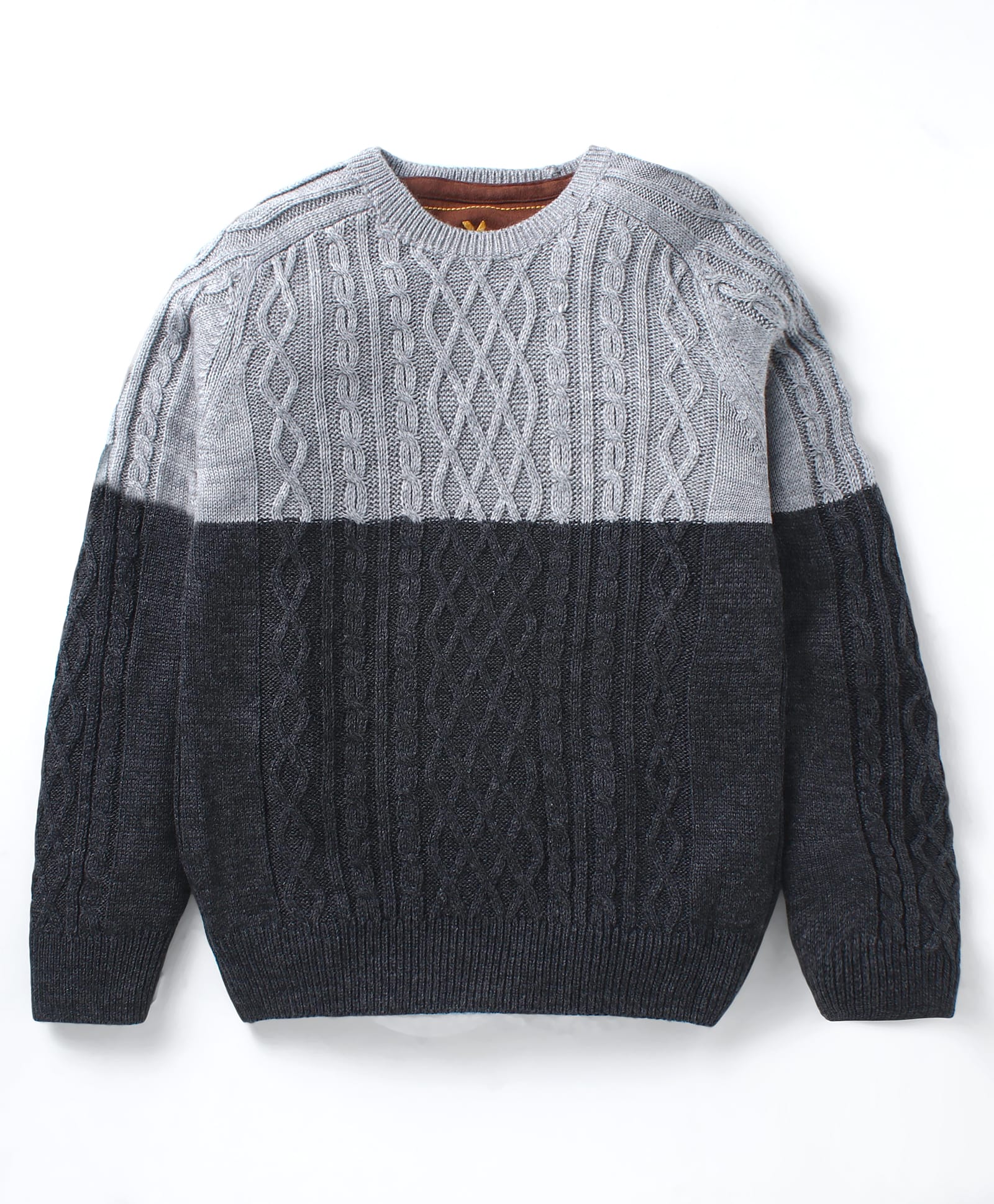 Yellow Apple KnittedFull Sleeves Colour Block Pullover Sweater with Cable Knit Design - Grey-picture-25