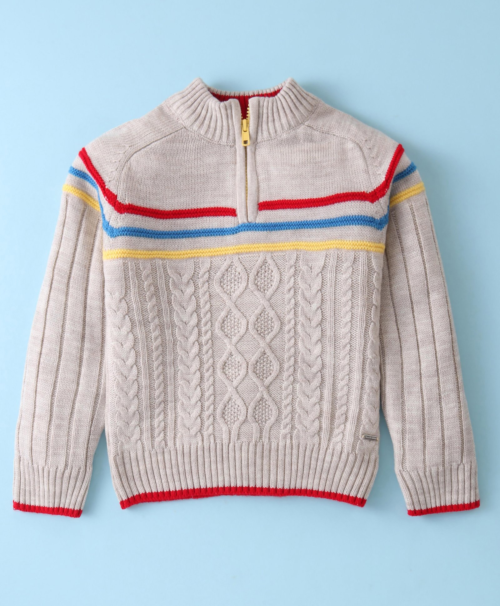 Yellow Apple Knitted Full Sleeves High Neck Pullover Sweater With Stripes & cable Knit Design - Grey-image-45