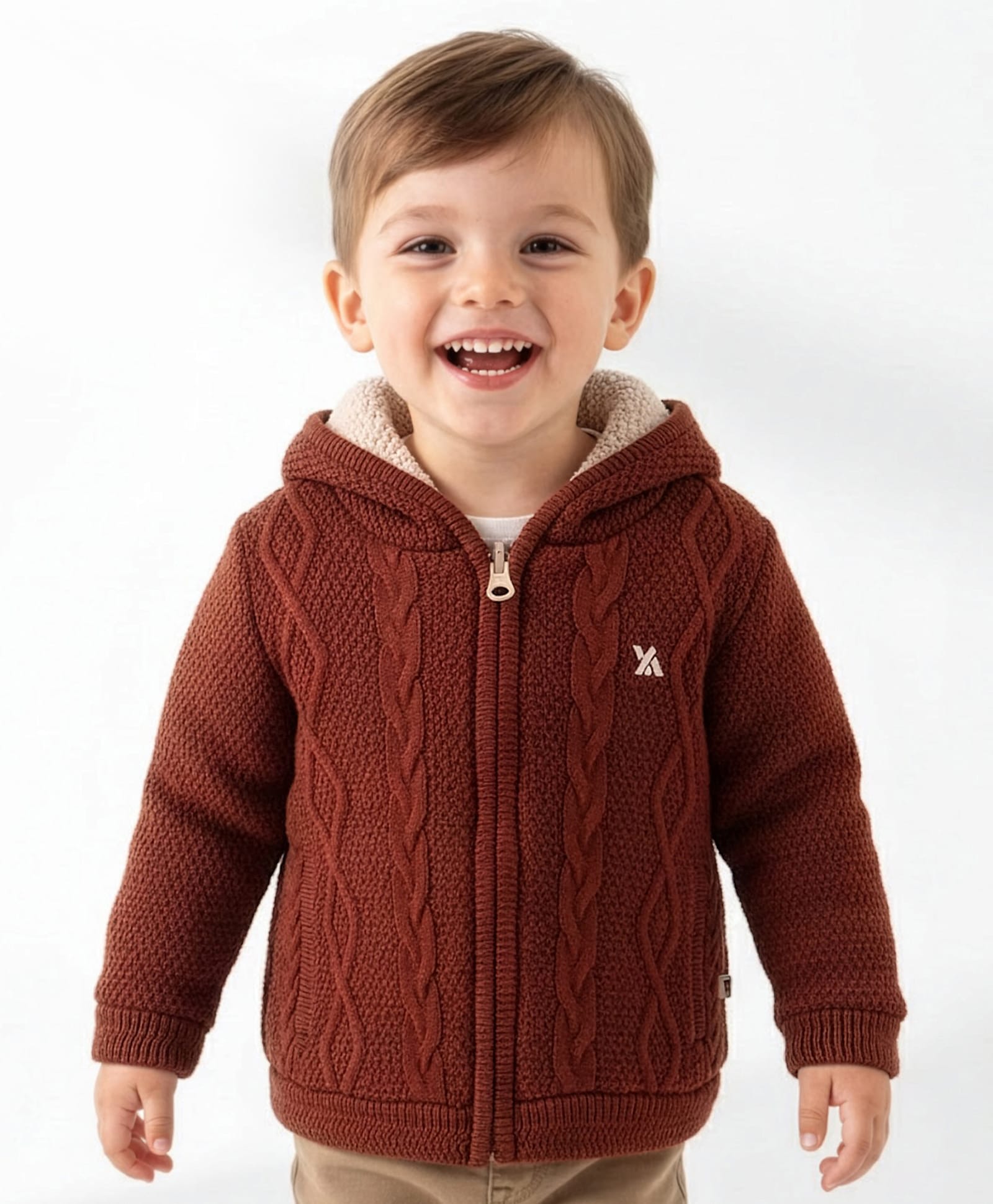 Yellow Apple Knitted Full Sleeves Hooded Sweater With Cable Knit Design - Rust-image-29