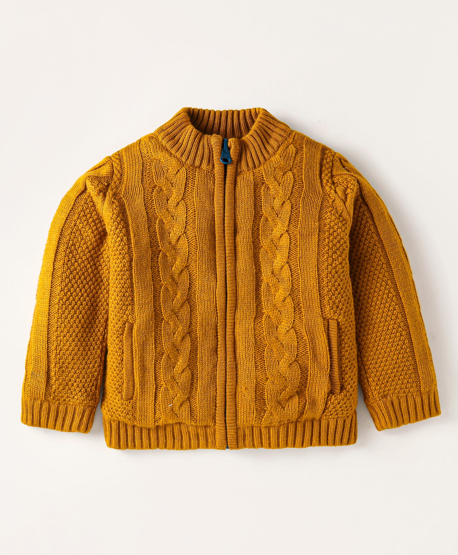 Yellow Apple Knit Full Sleeves High Neck Front Open Sweater with Cable Knit Design - Mustard-picture-17