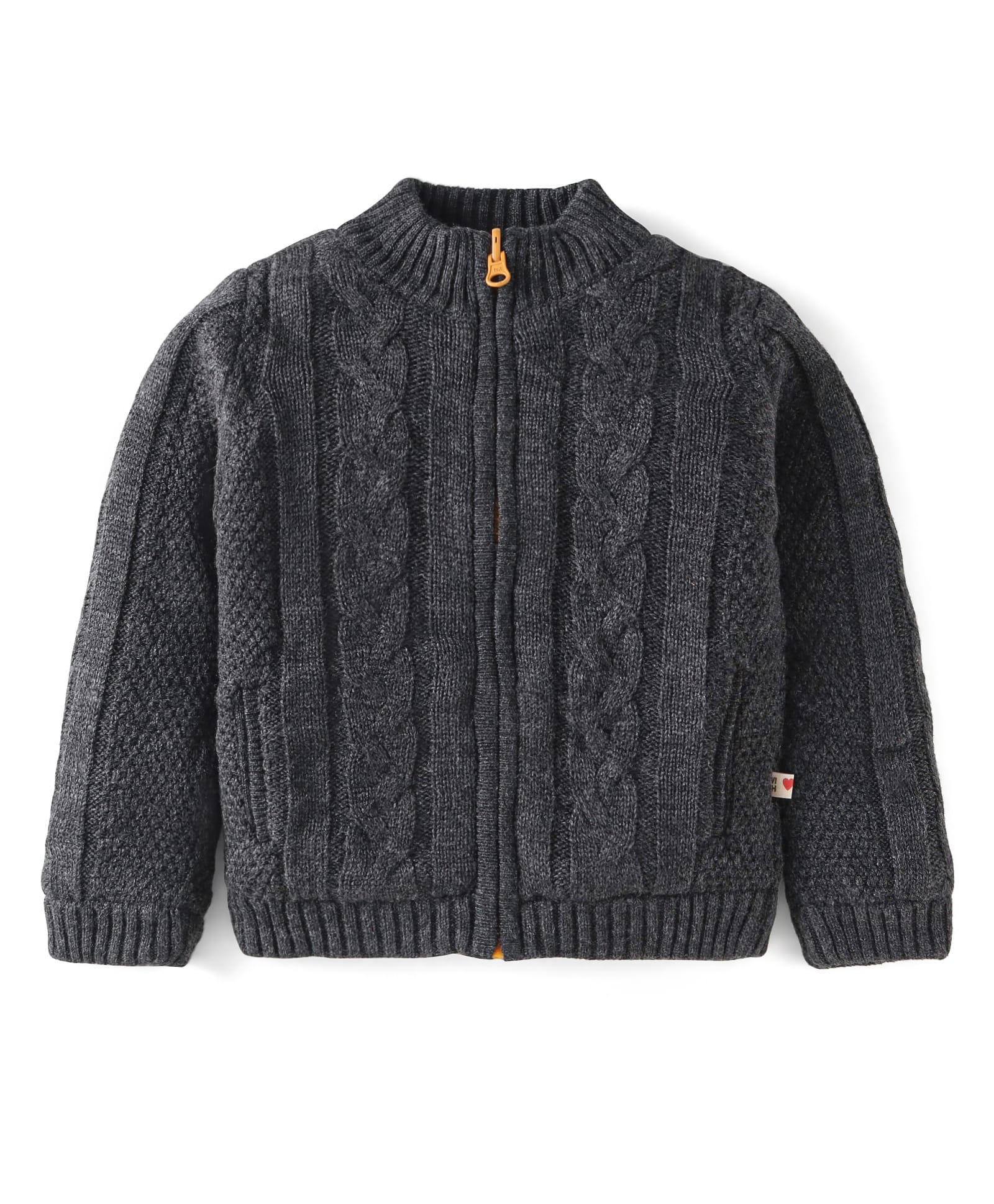 Yellow Apple Knit Full Sleeves High Neck Front Open Sweater with Cable Knit Design - Charcoal Grey-image-42