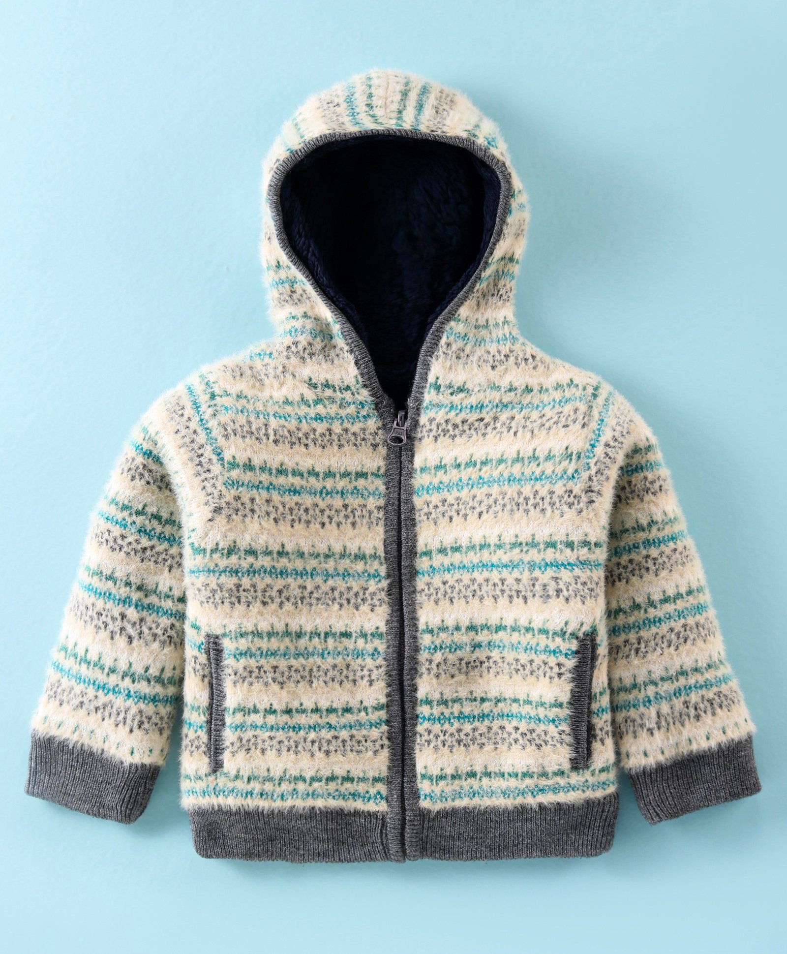 Yellow Apple Full Sleeves Striped Hooded Sweatjacket - Beige-picture-22