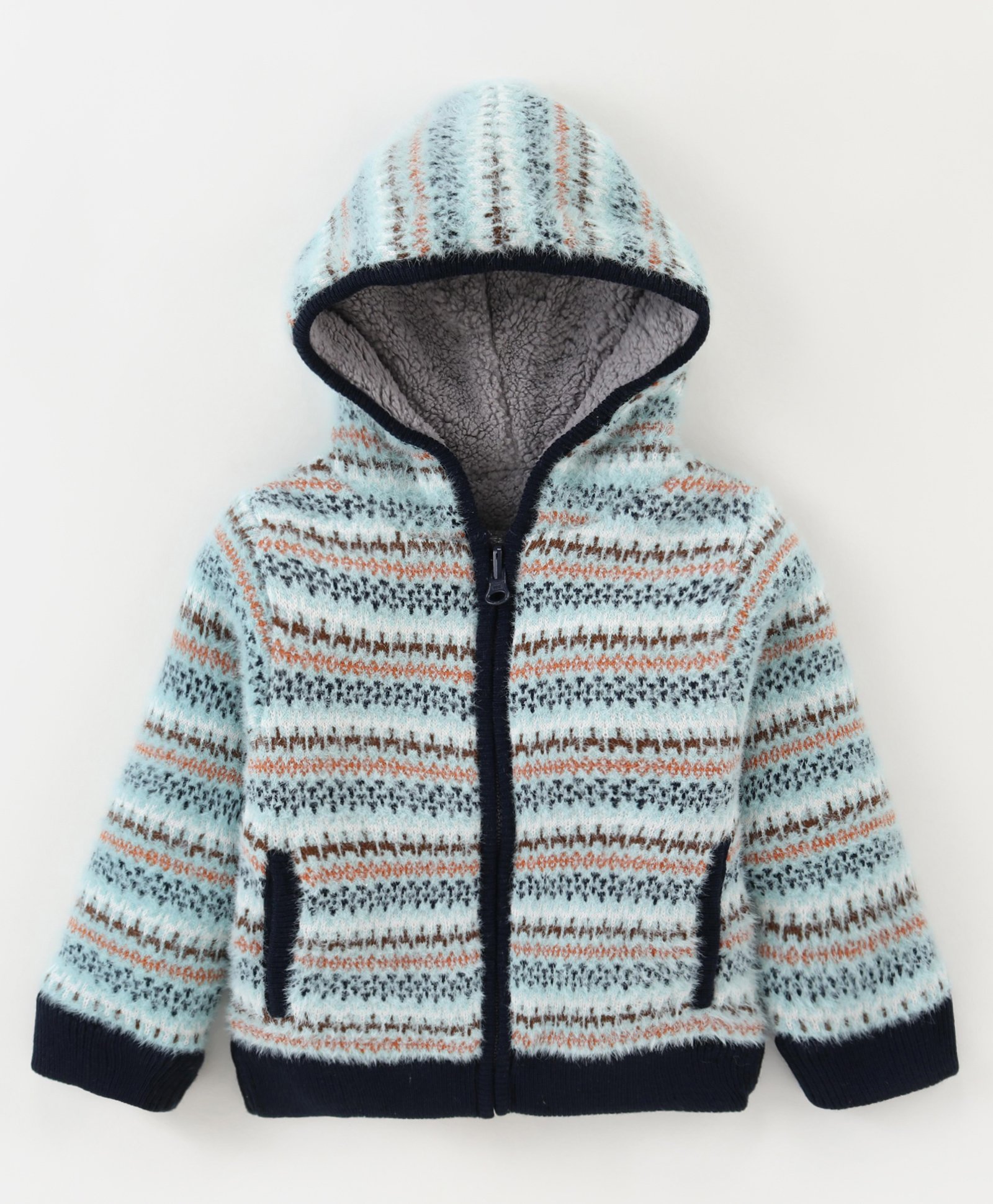 Yellow Apple Full Sleeves Striped Hooded Front Open Sweater - Light Blue-image-2