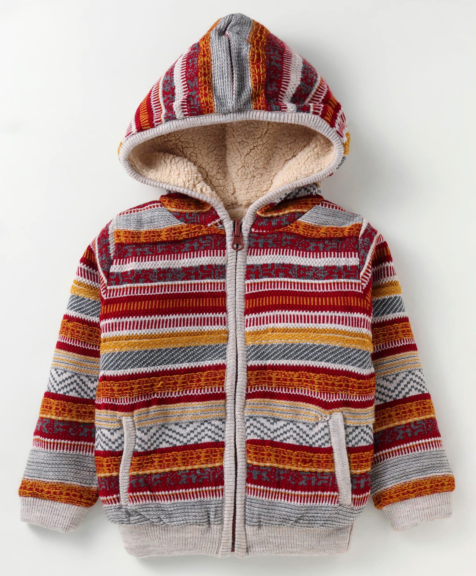 Yellow Apple Wool Full Sleeves Striped Hooded Sweater with Pocket Detailing - Dark Red-image-44