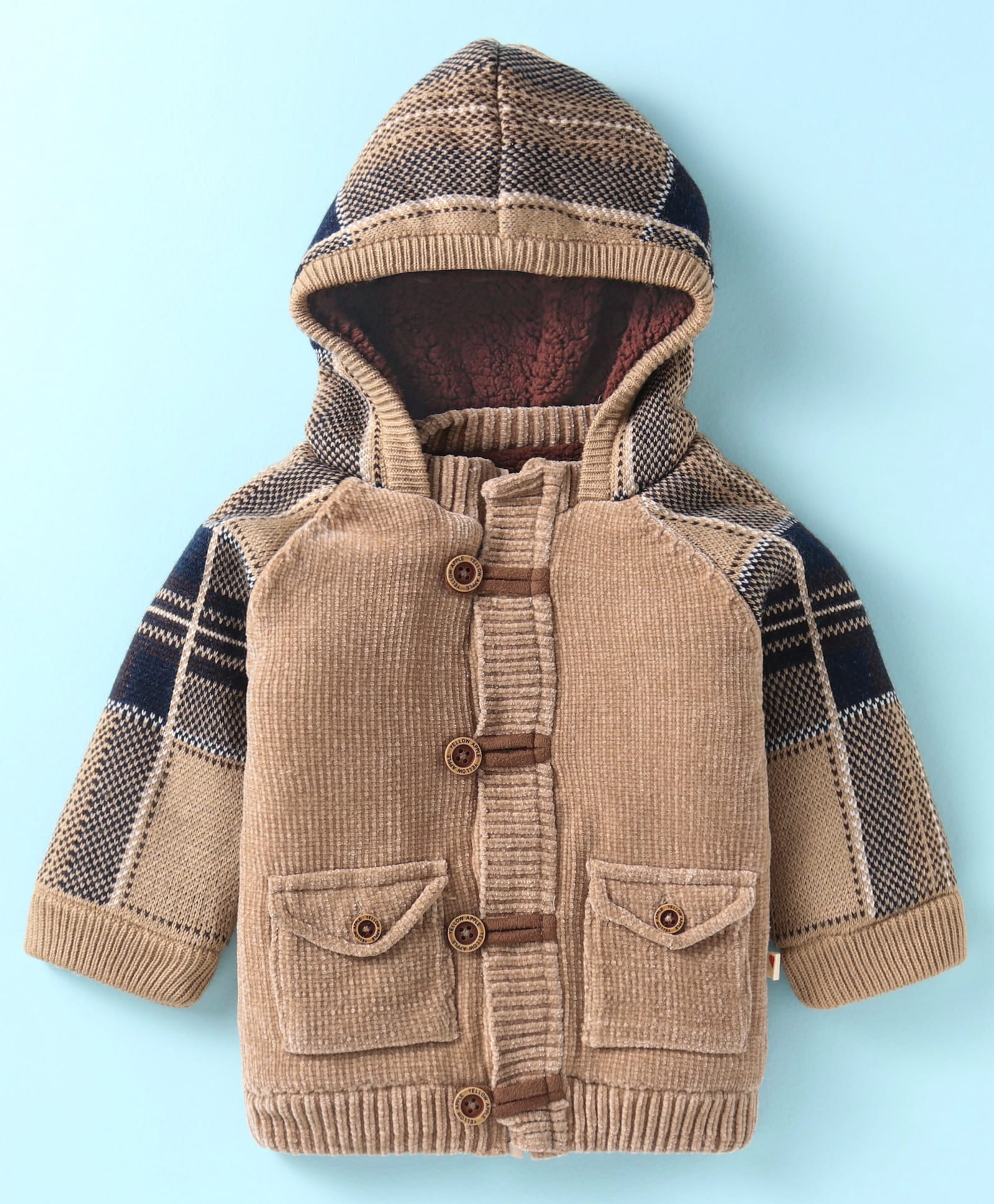 Yellow Apple Viscose Knit Full Raglan Sleeves Front Open Hooded Sweater with Checks - Tan-picture-33