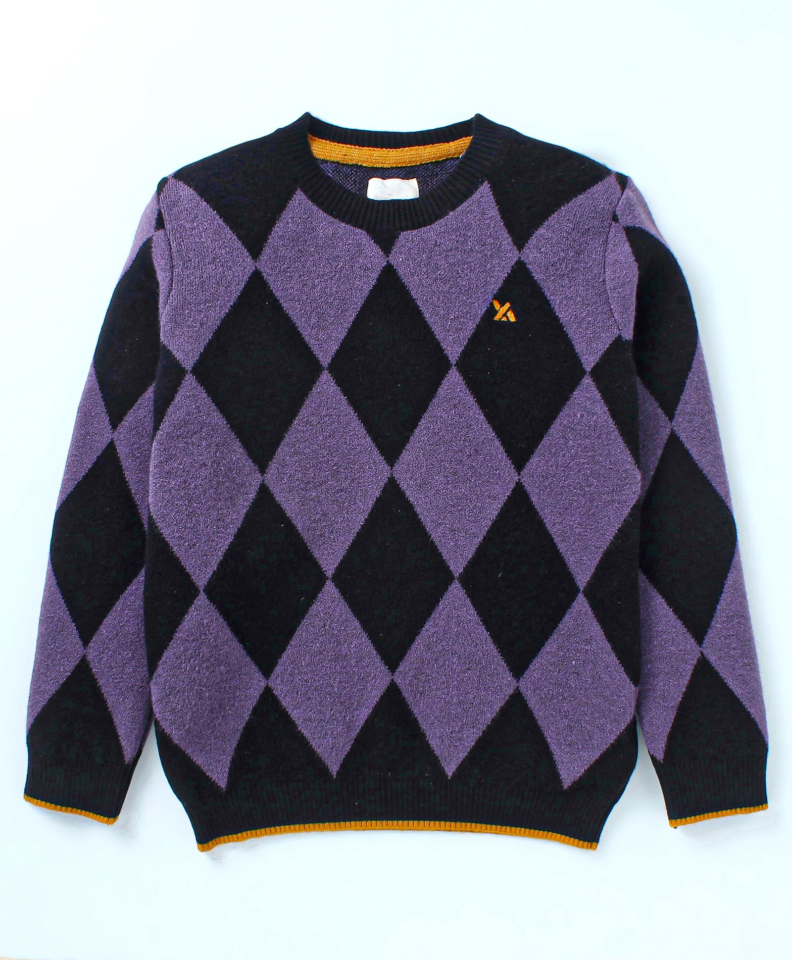 Yellow Apple Viscose Knitted Full Sleeves Argyle Designed Pullover Sweater - Black-image-2