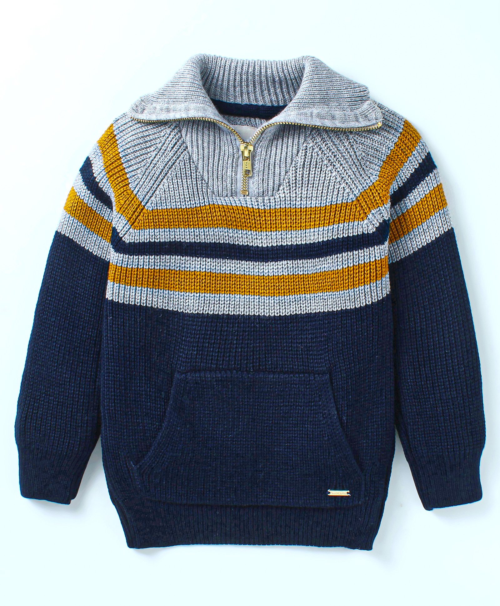 Yellow Apple Knitted Full Raglan Sleeves Striped Collared Pullover Sweater - Navy Blue-image-46