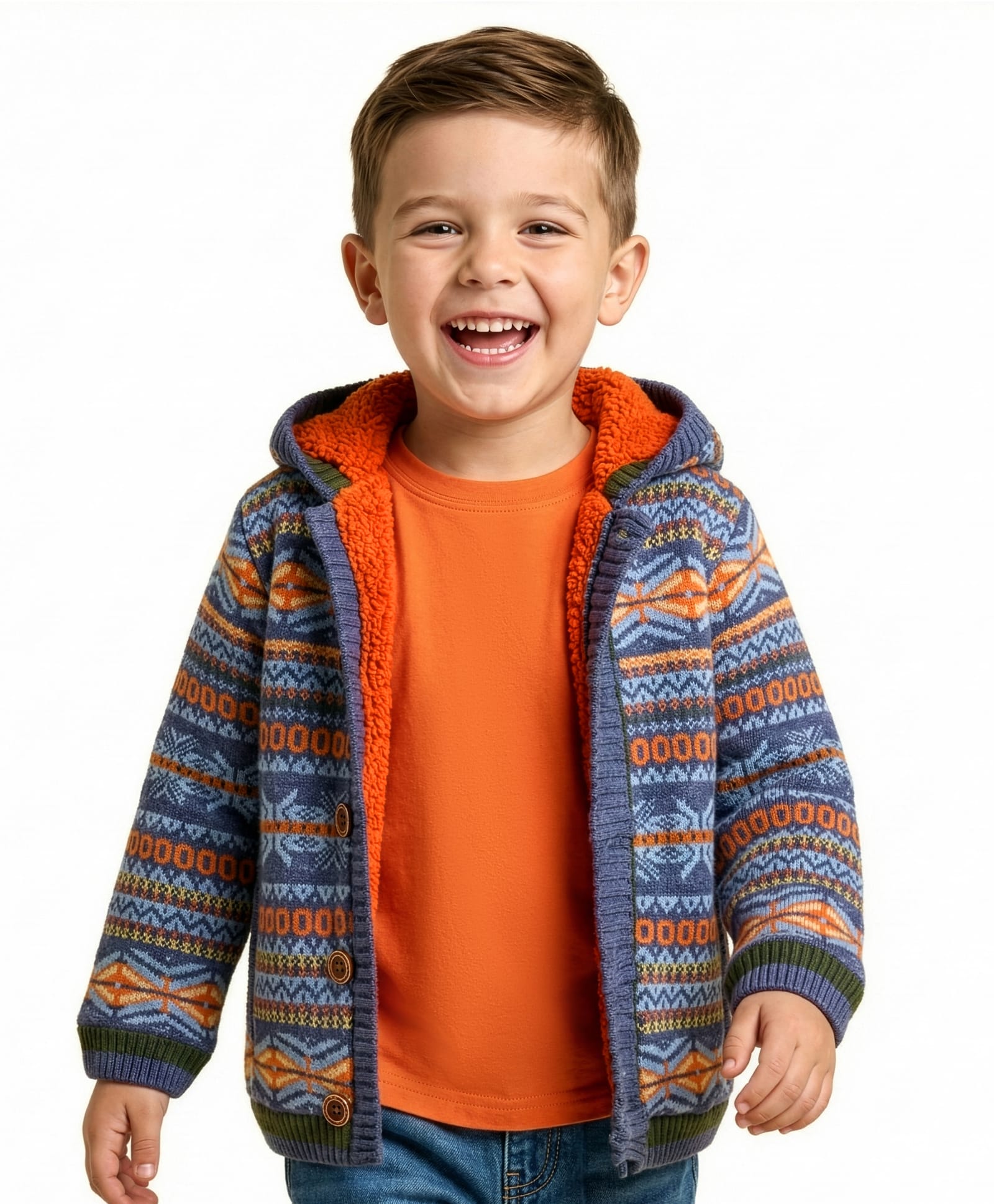 Yellow Apple Knitted Full Sleeves Hooded  Sweatjacket with Aztec Design - Blue-image-18