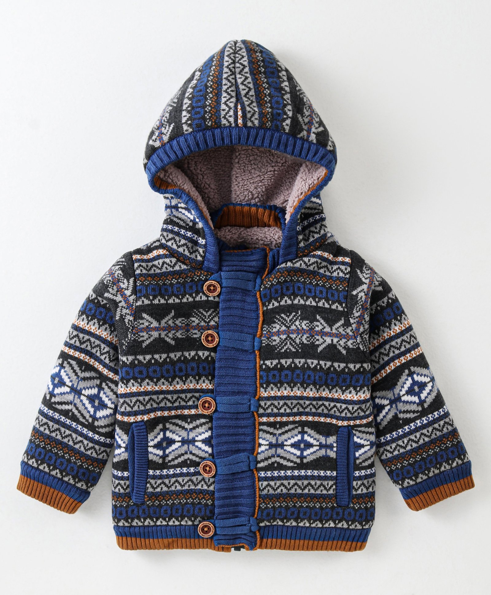Yellow Apple Knitted Full Sleeves Hooded Sweatjacket with Aztec Design - Dark Grey-image-10