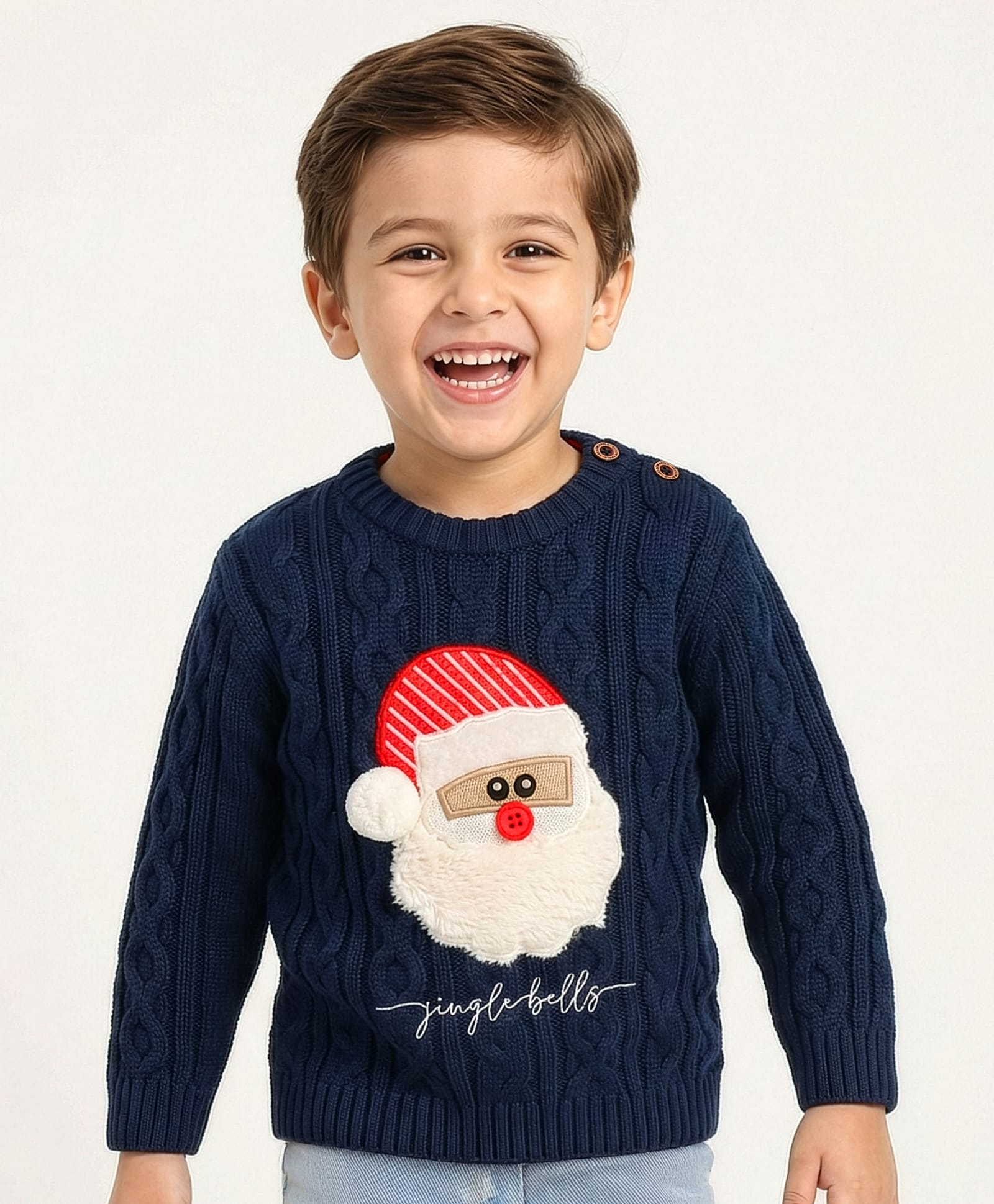 Yellow Apple Knitted Full Sleeves Cable Knit Designed Pullover Sweater with Santa Patch & Applique- Navy Blue-image-10