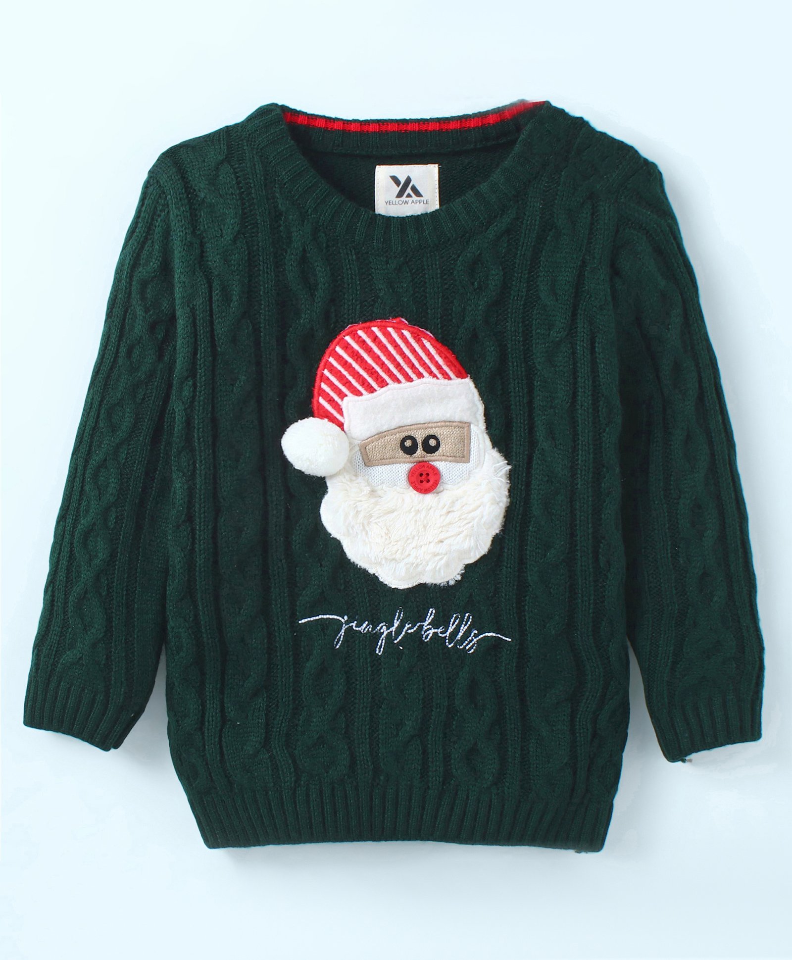 Yellow Apple Knitted Full Sleeves Cable Knit Designed Pullover Sweater with Santa Patch & Applique- Dark Green-image-36