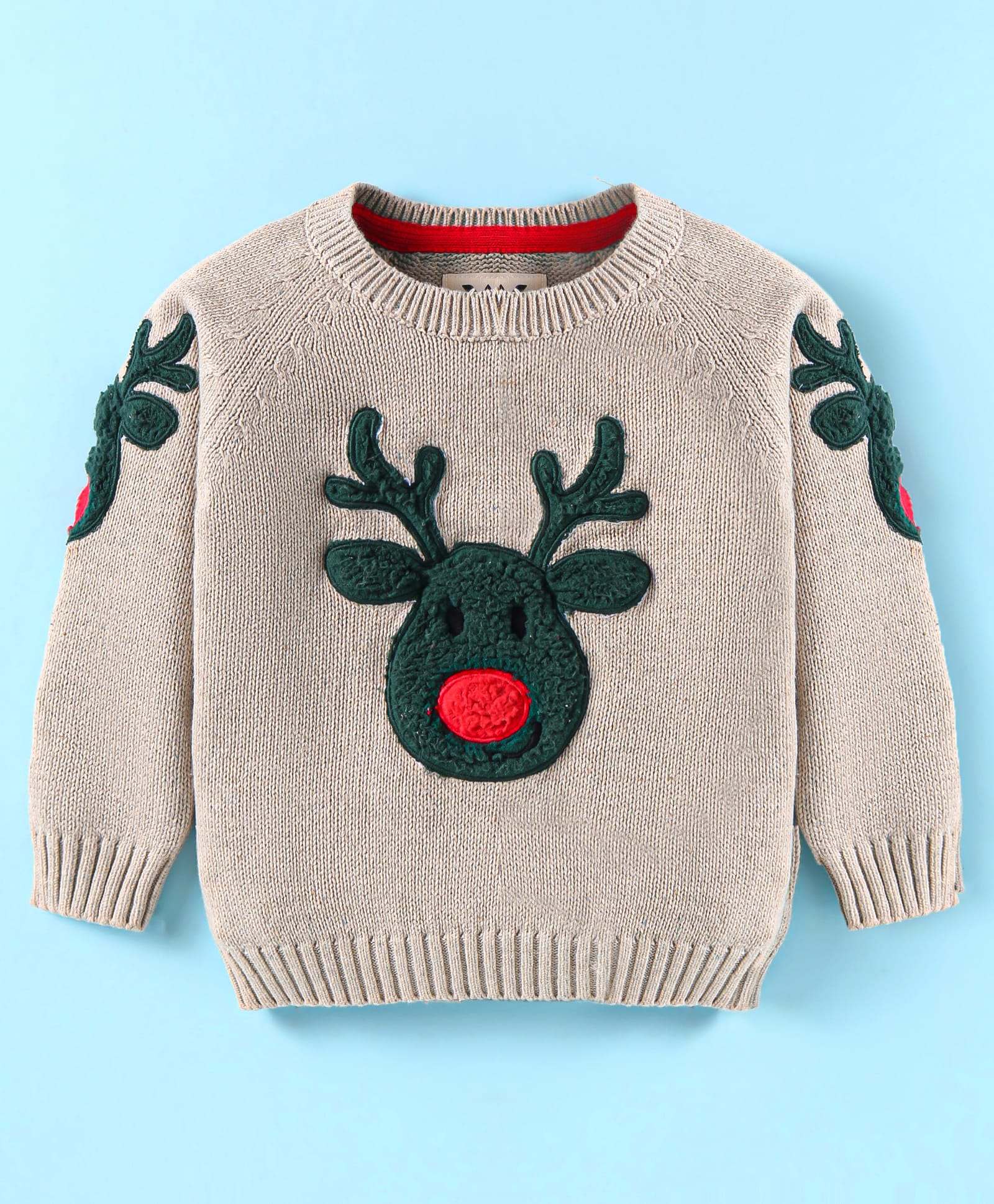 Yellow Apple Knit Full Raglan Sleeves Sweater with Reindeer Embroidery - Tan-picture-27