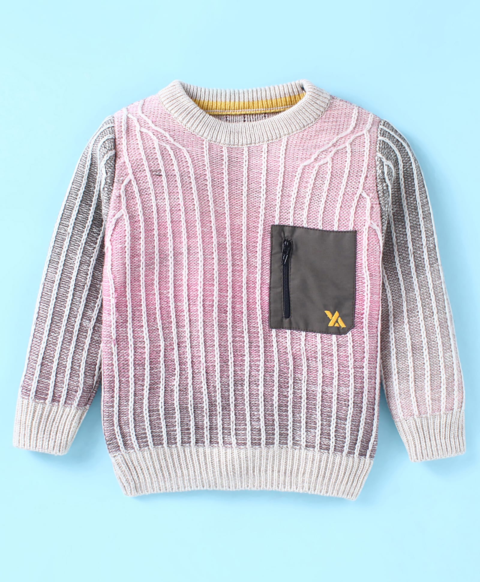Yellow Apple Knit Full Sleeves Pullover Sweater with Chain Design & Pocket Patch- Light Pink-picture-28
