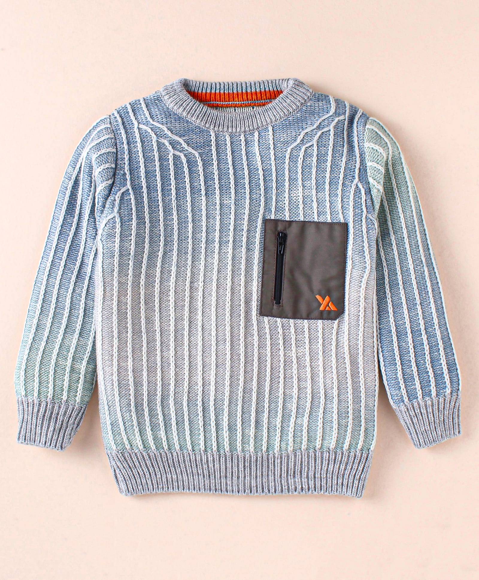 Yellow Apple Knit Full Sleeves Pullover Sweater with Chain Design & Pocket Patch- Light Blue-image-14