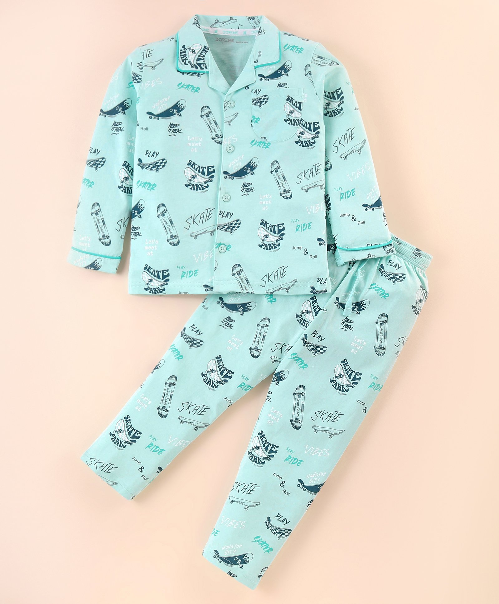 Doreme Single Jersey Knit Full Sleeves Night Suit With Skate Board Print - Sea Green-image-47