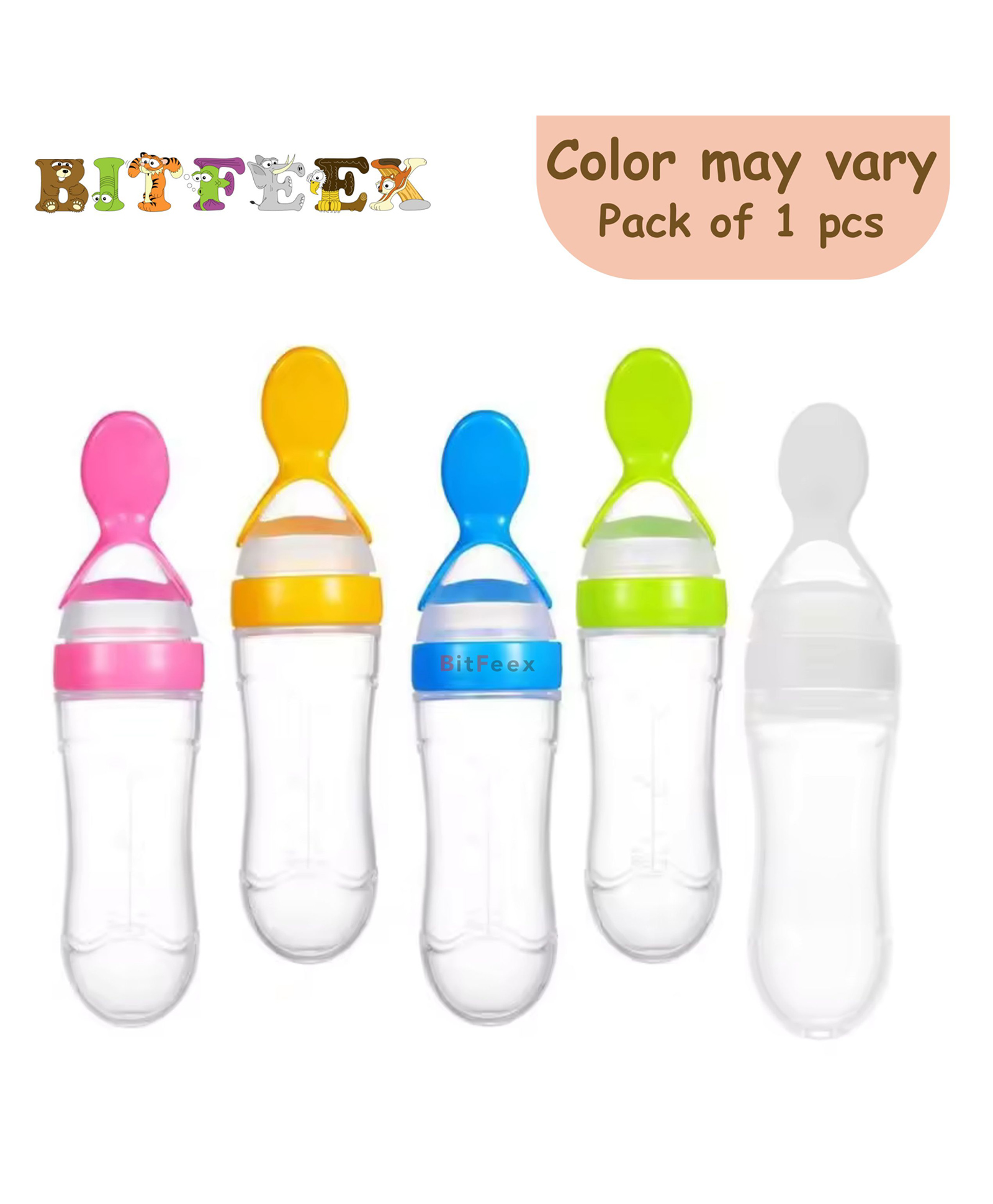 BitFeex Silicone Squeezy Food Feeder Bottle With Spoon- 90 ml (Color may vary - pack of 1 pcs)-picture-33