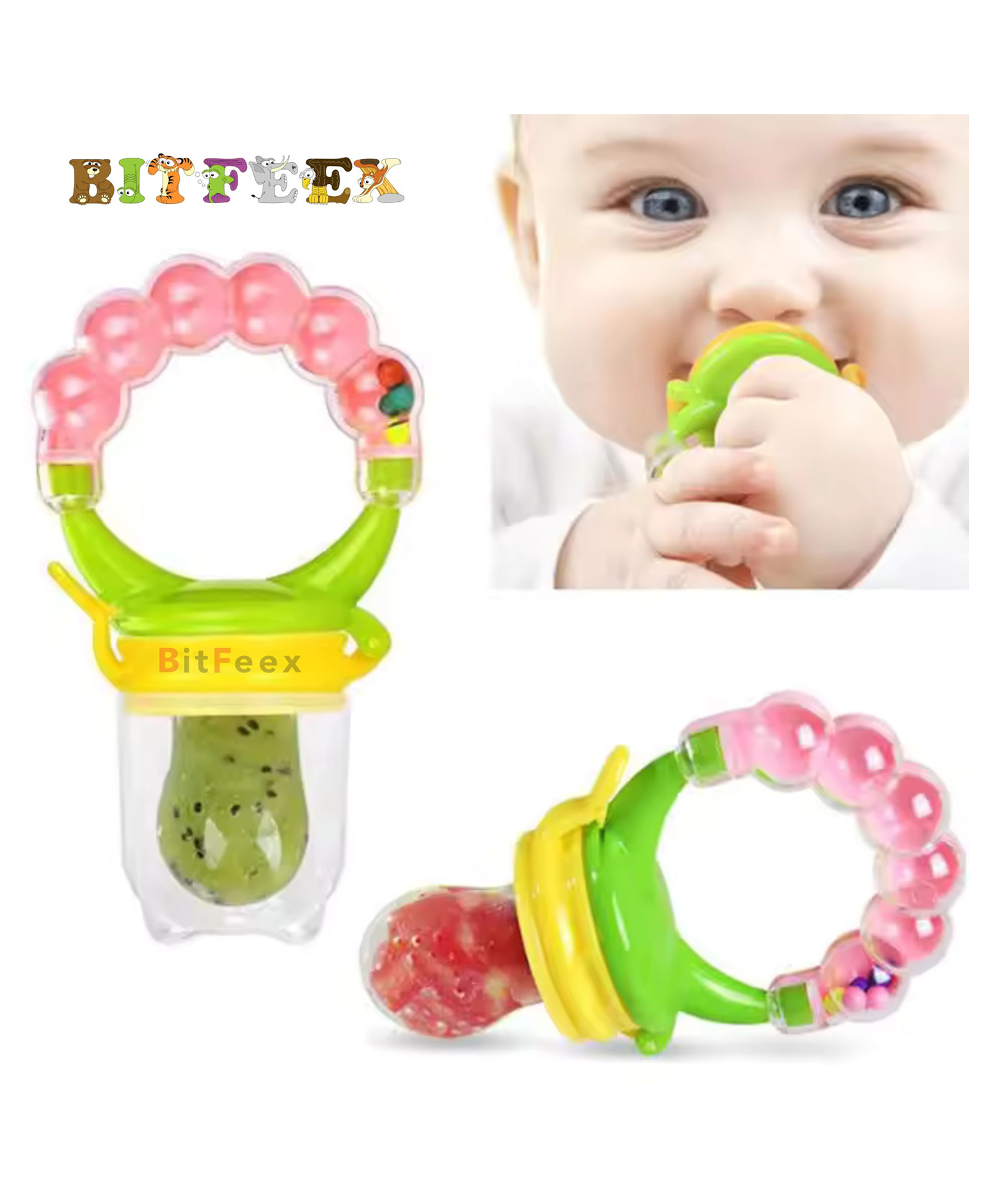 BitFeex Baby Pacifier Nibbler New Born With Rattle Handle Silicone Fresh Fruit Safe Kids Soother Feeder -Color may vary, Pack of 1 pcs-picture-4