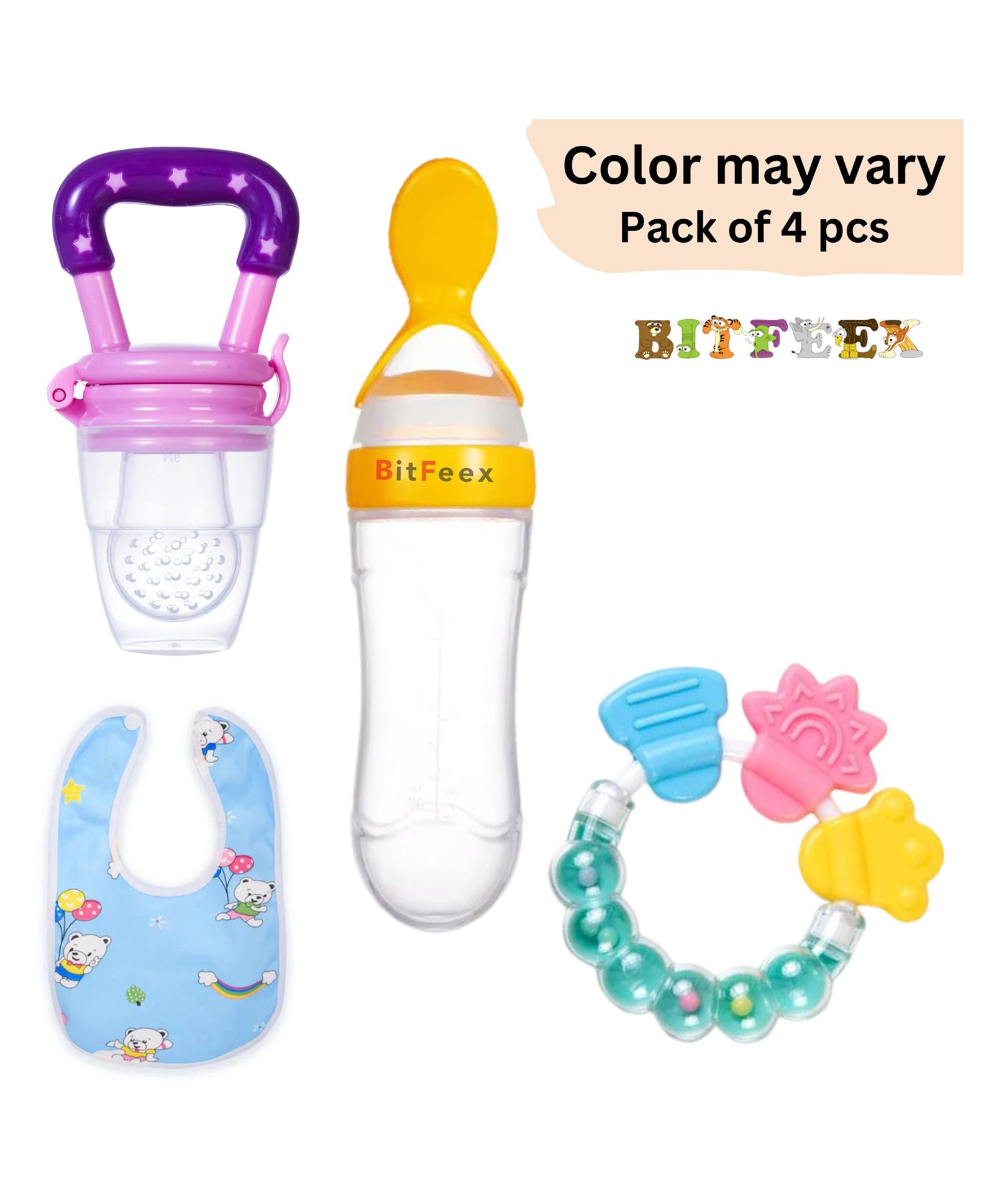 BitFeex Baby Fruit Nibbler, Spoon Feeder Bib Infant Feeding Essentials for Kids- Pack of 4pcs, Color may vary-image-11