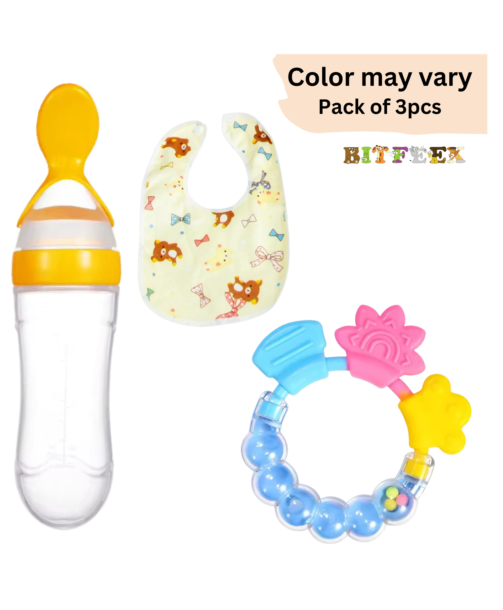 BitFeex Squeezy Food Feeder Bottle With Spoon Rattle Teether and Bibs-pack of 3 Pcs, Color may vary-picture-9
