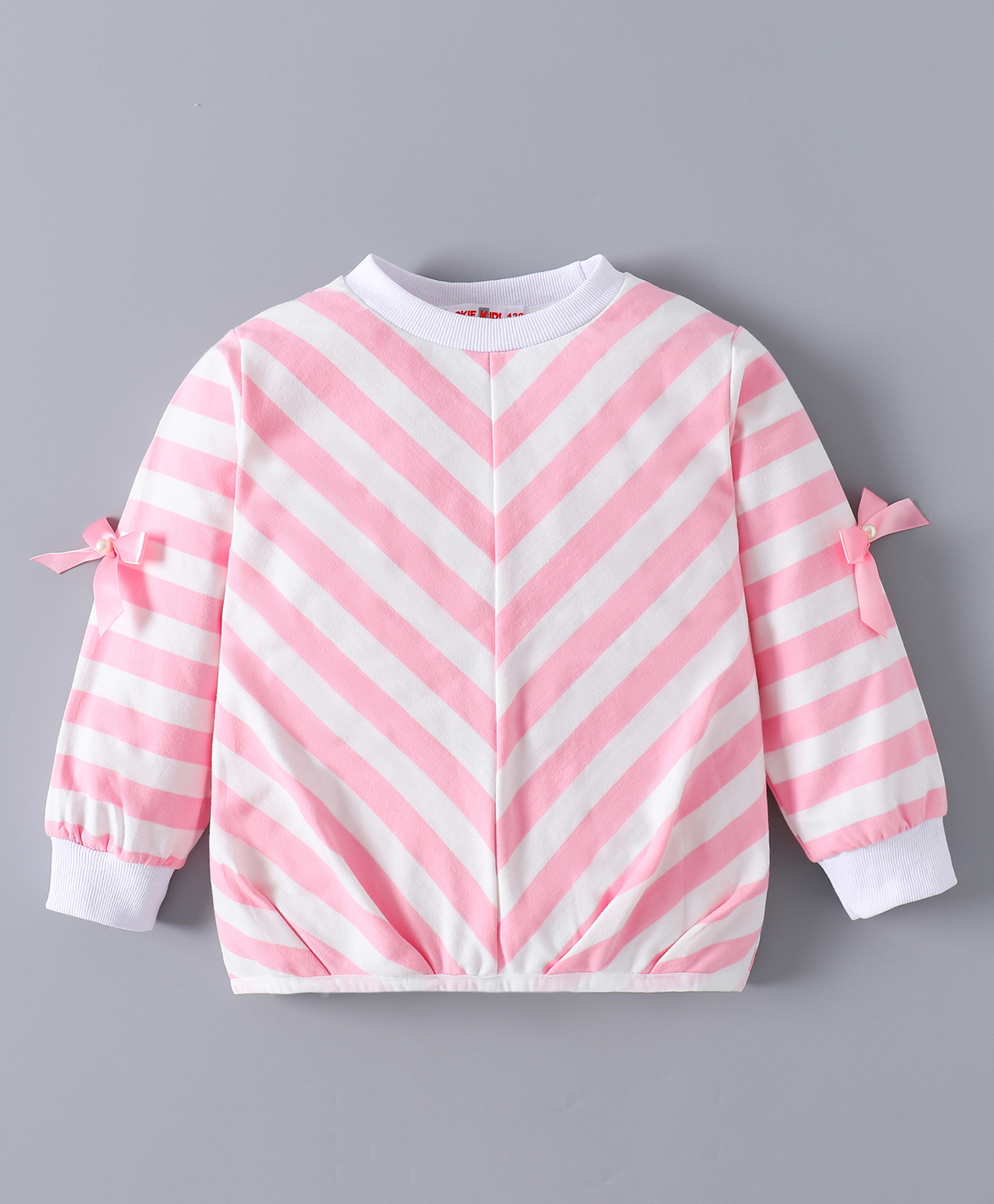 Kookie Kids Cotton Knit Full Sleeves Striped Sweatshirt with Bow Applique - Pink & White-image-46