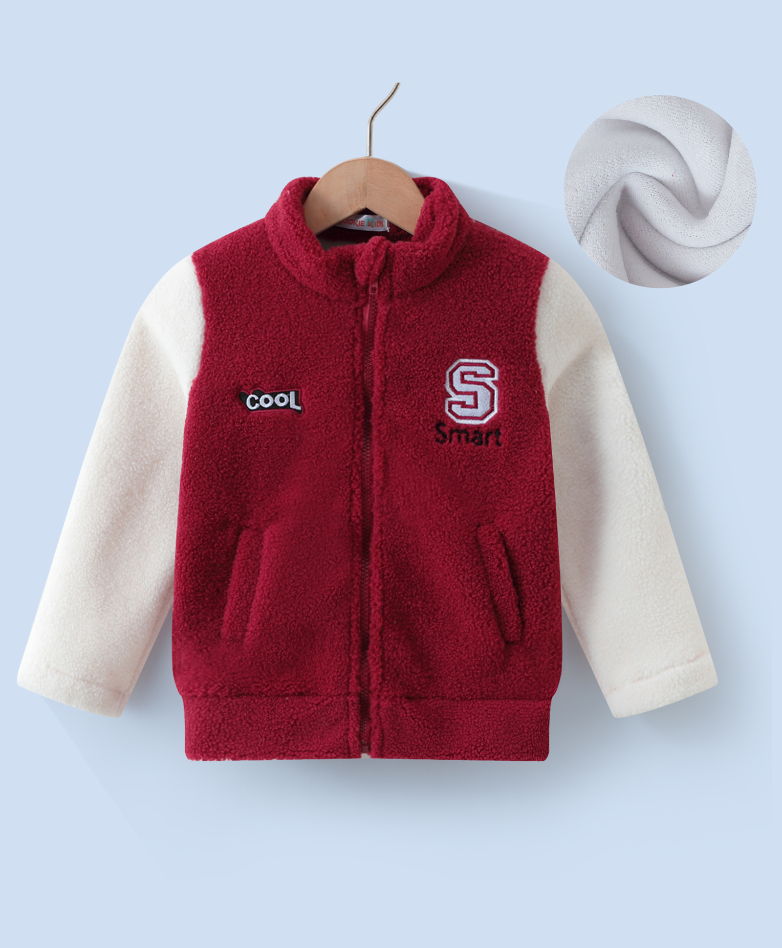 Kookie Kids Full Sleeves High Neck Collar Winter Fur Jacket with Text Patch - Maroon-image-7
