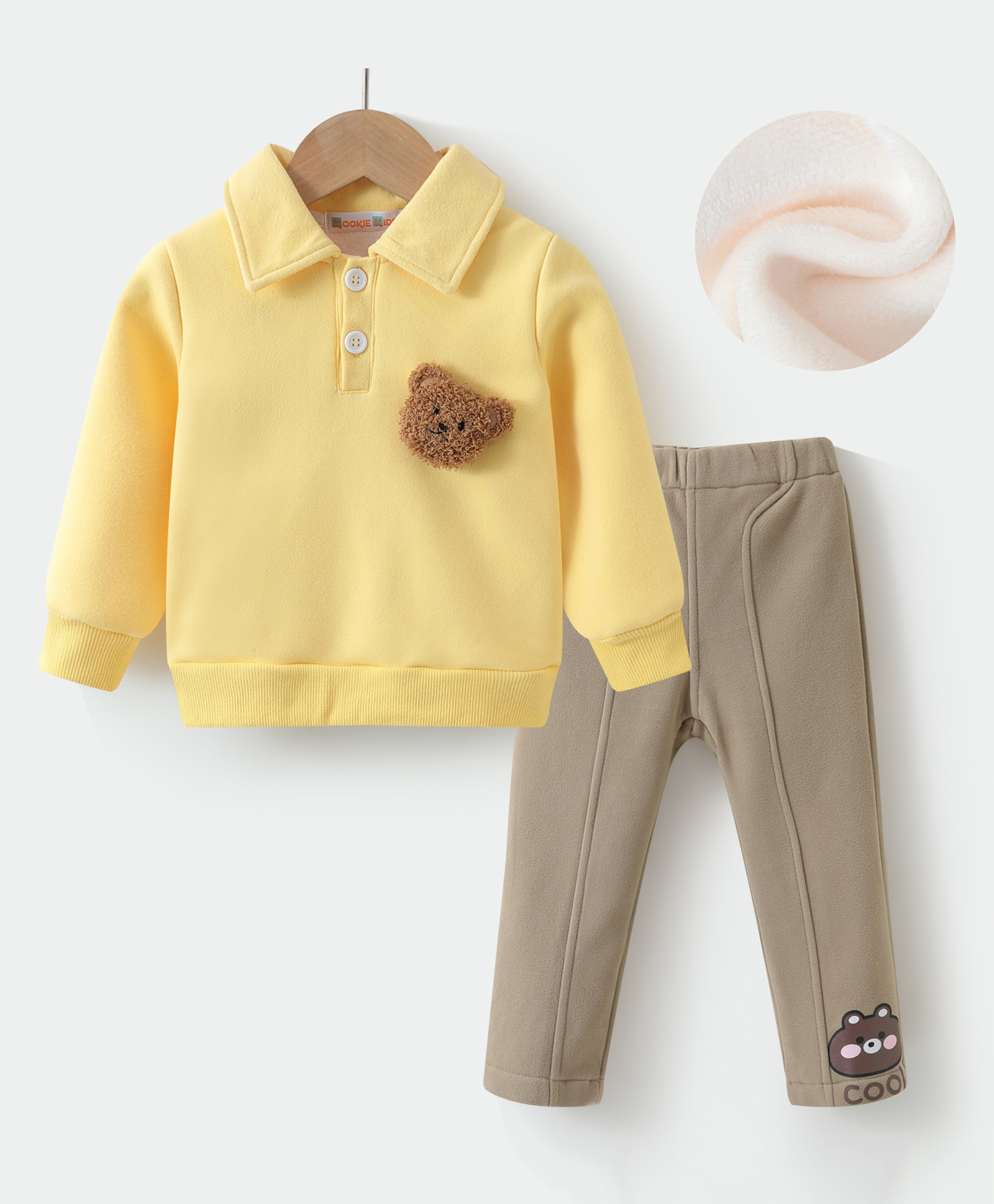 Kookie Kids Full Sleeves Winter T-Shirt & Lounge Pant Set With Bear Applique - Yellow-picture-19